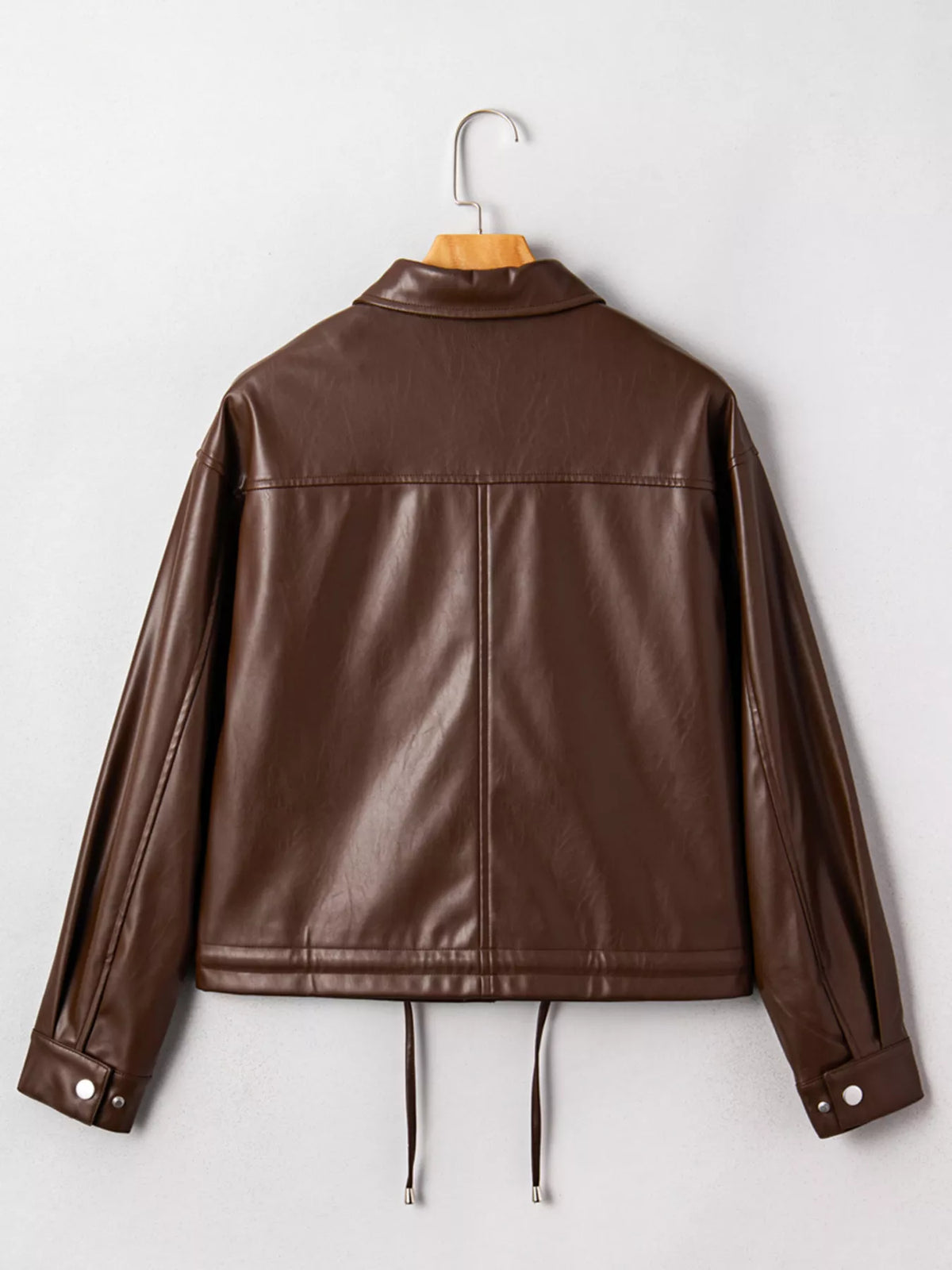 Double Flap Pocket Drawstring Hem Leather Jacket in Dark Brown, view 10