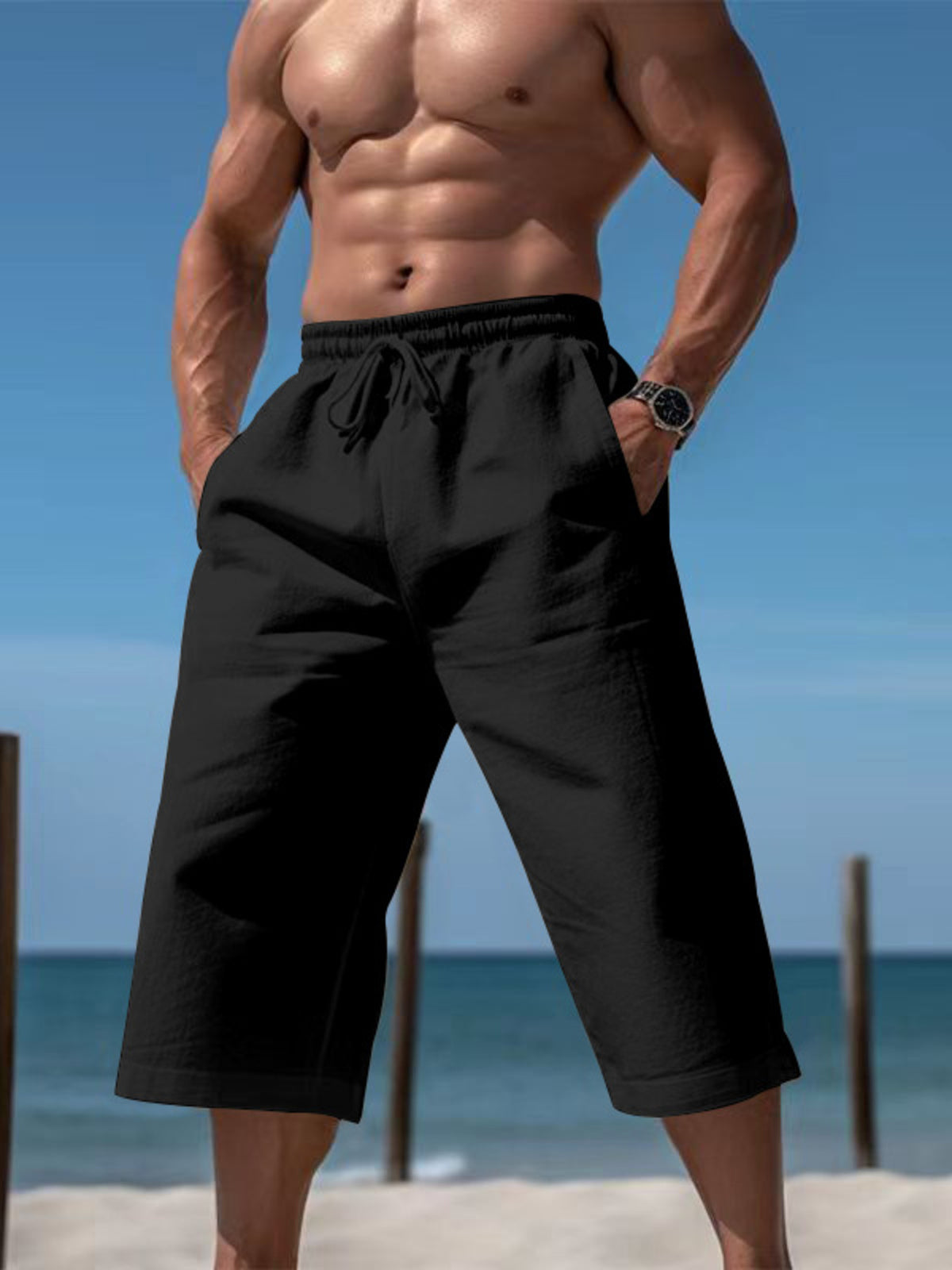 Men's Full Size Casual Drawstring Cropped Pants Plus Size in Black