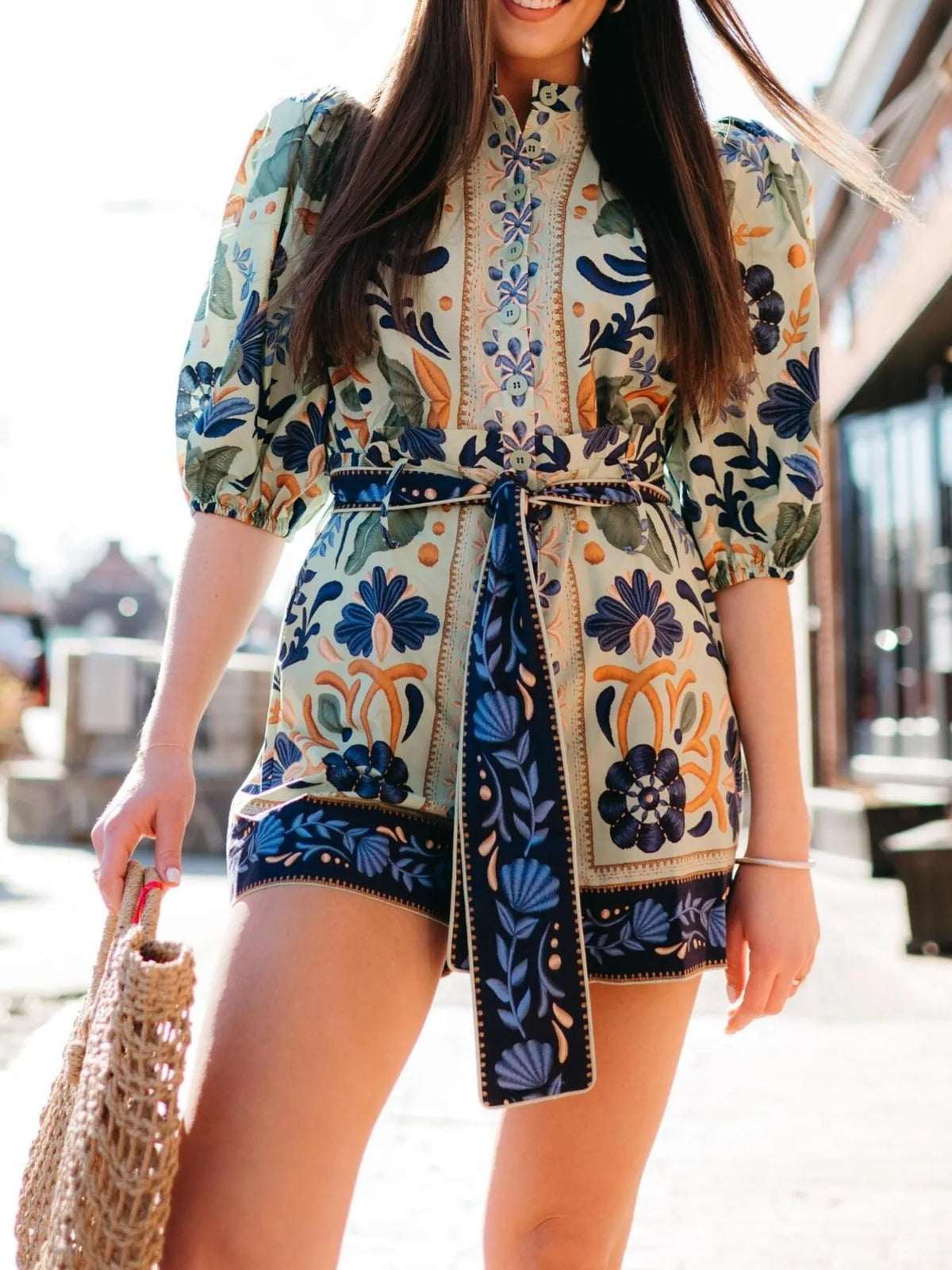 Floral Print Button Front Belted Romper - Lilixa.store