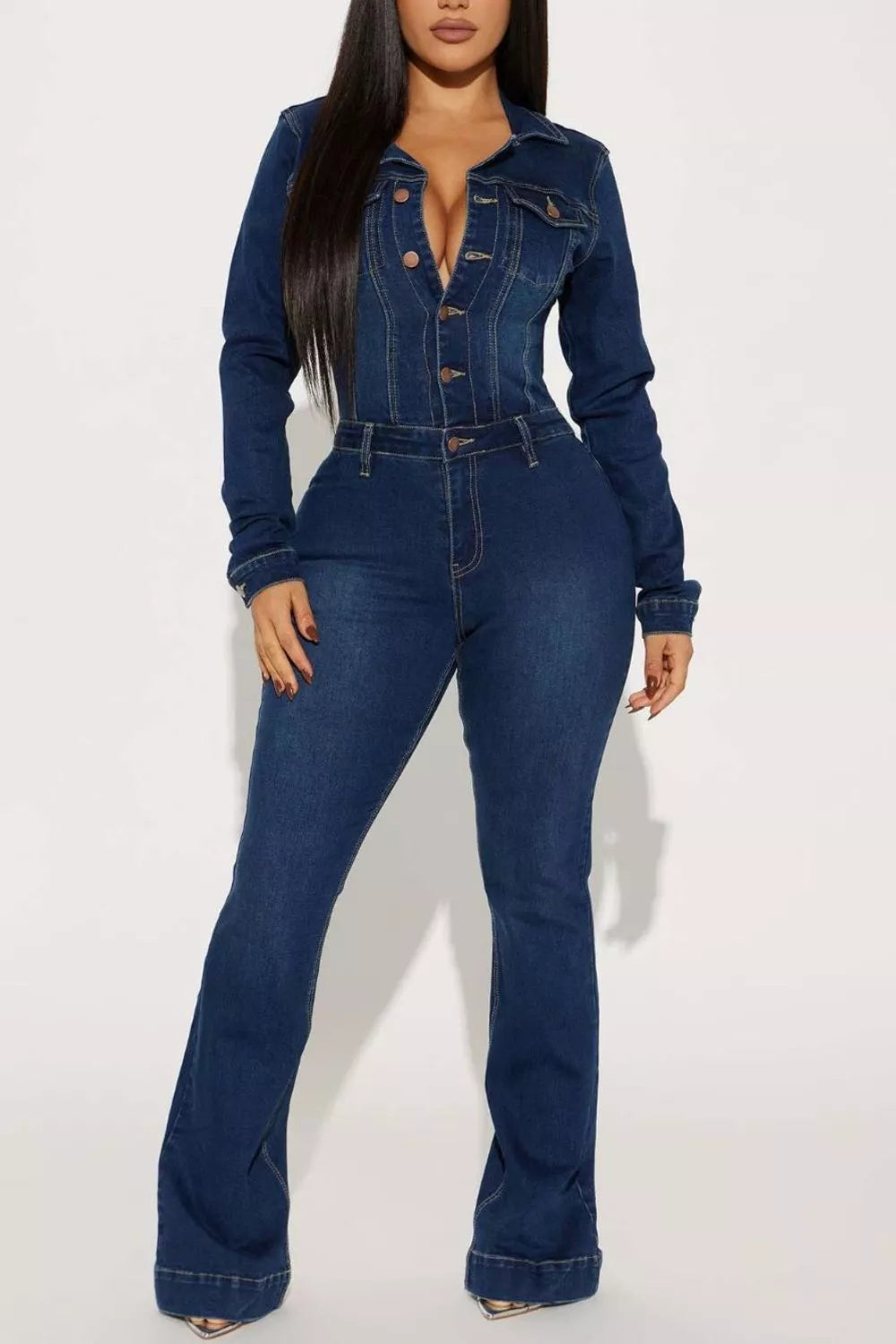 Slim-Fit Long Sleeve Denim Jumpsuit with Flared Legs in Dark Blue