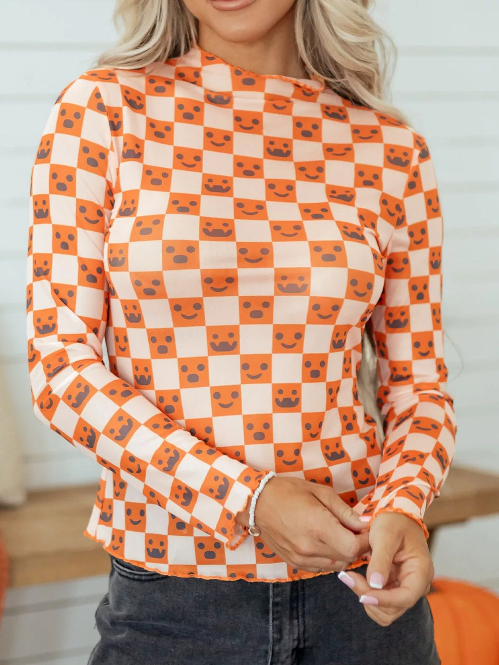 Abstract Halloween Pattern Long Sleeve Mock Neck Blouse - Lilixa.store