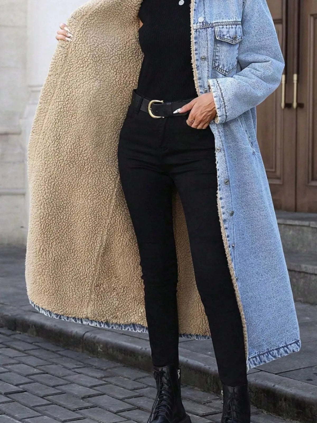 Sherpa Lined Longline Denim Jacket, view 15