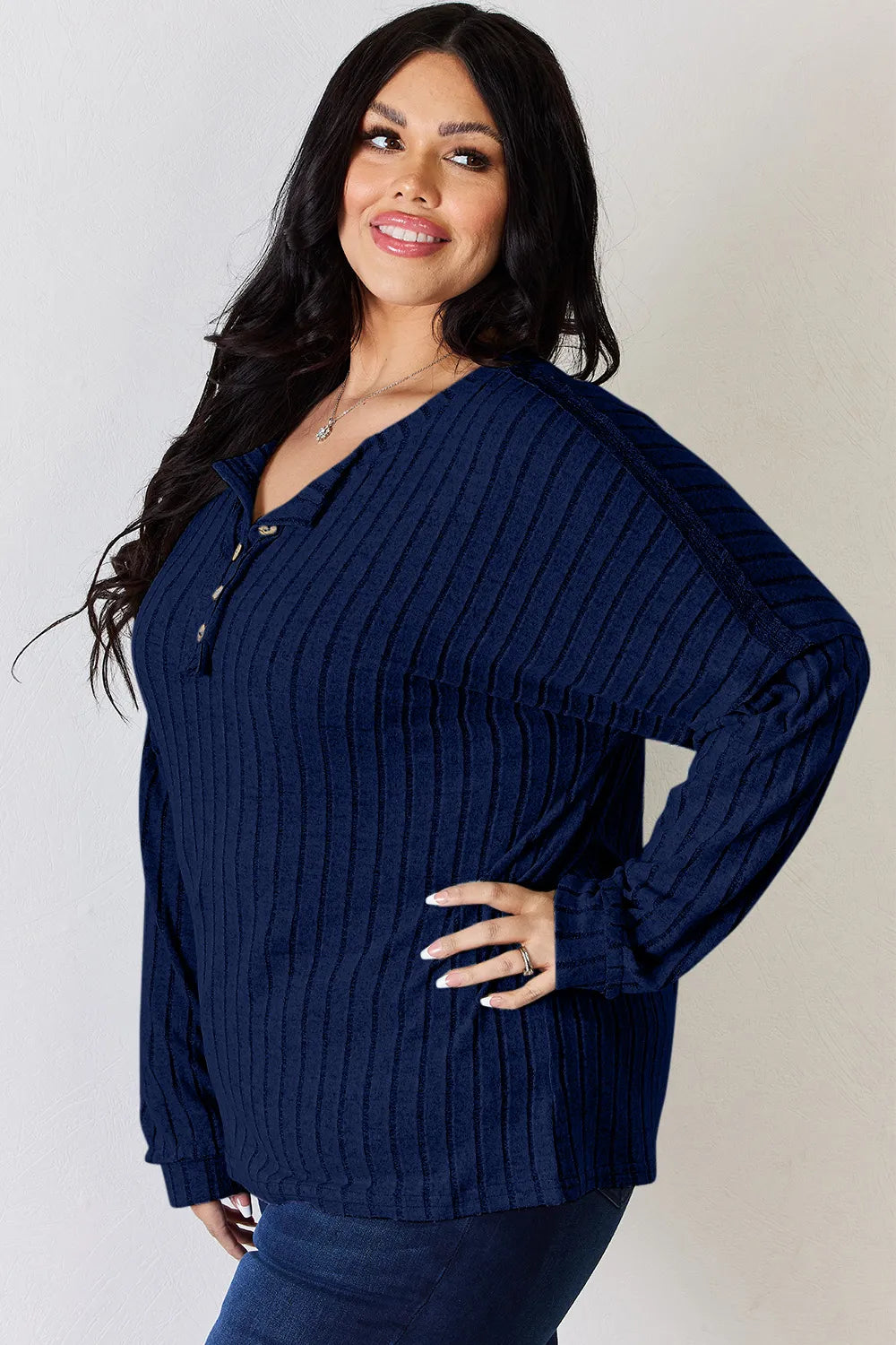 Basic Bae Full Size Ribbed Half Button Long Sleeve T-Shirt - Lilixa.store
