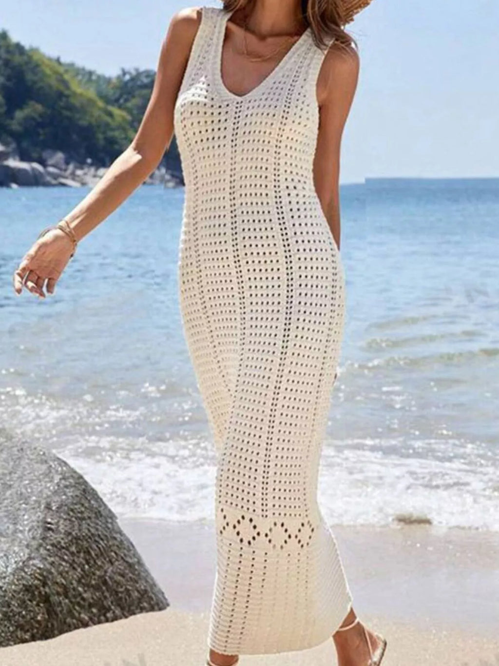 Sleeveless Crochet Knit Cover Up Maxi Dress - Lilixa.store
