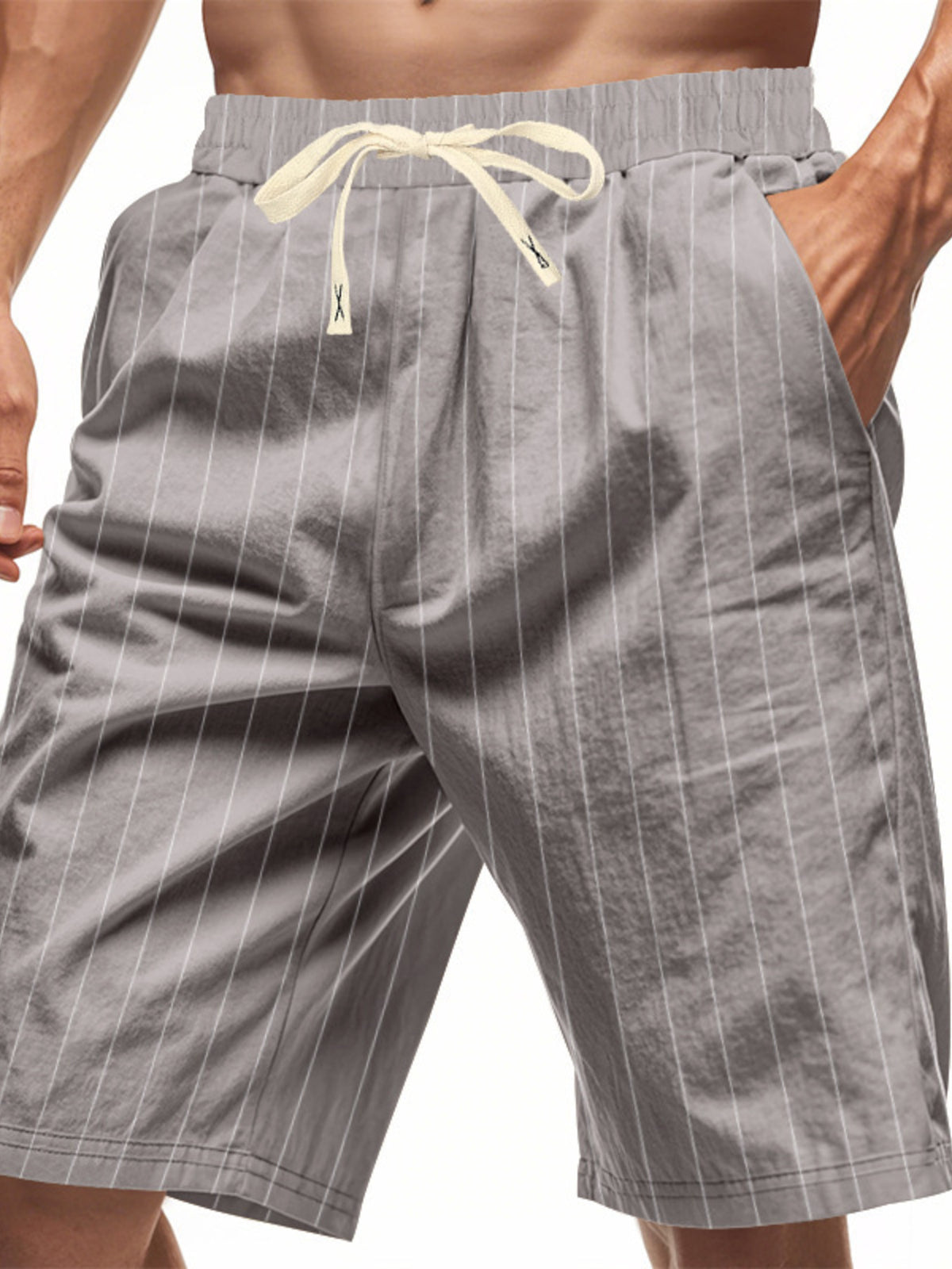Men's Full Size Striped Drawstring Casual Shorts Plus Size in Gray