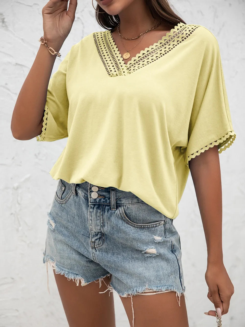 Ivy Lane Lace Detail V-Neck T-Shirt - Lilixa.store