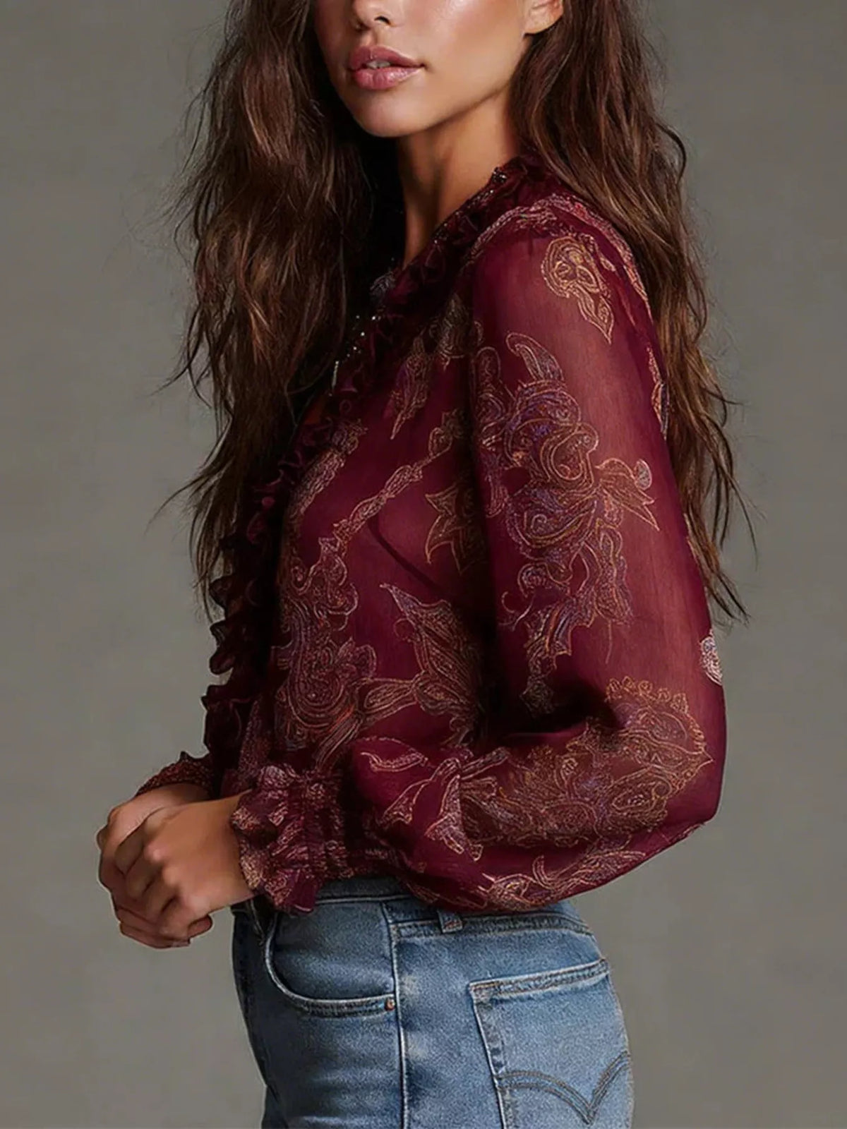 Full Size Paisley Print Ruffle Trim Zip-Front Blouse Plus Size, view 6