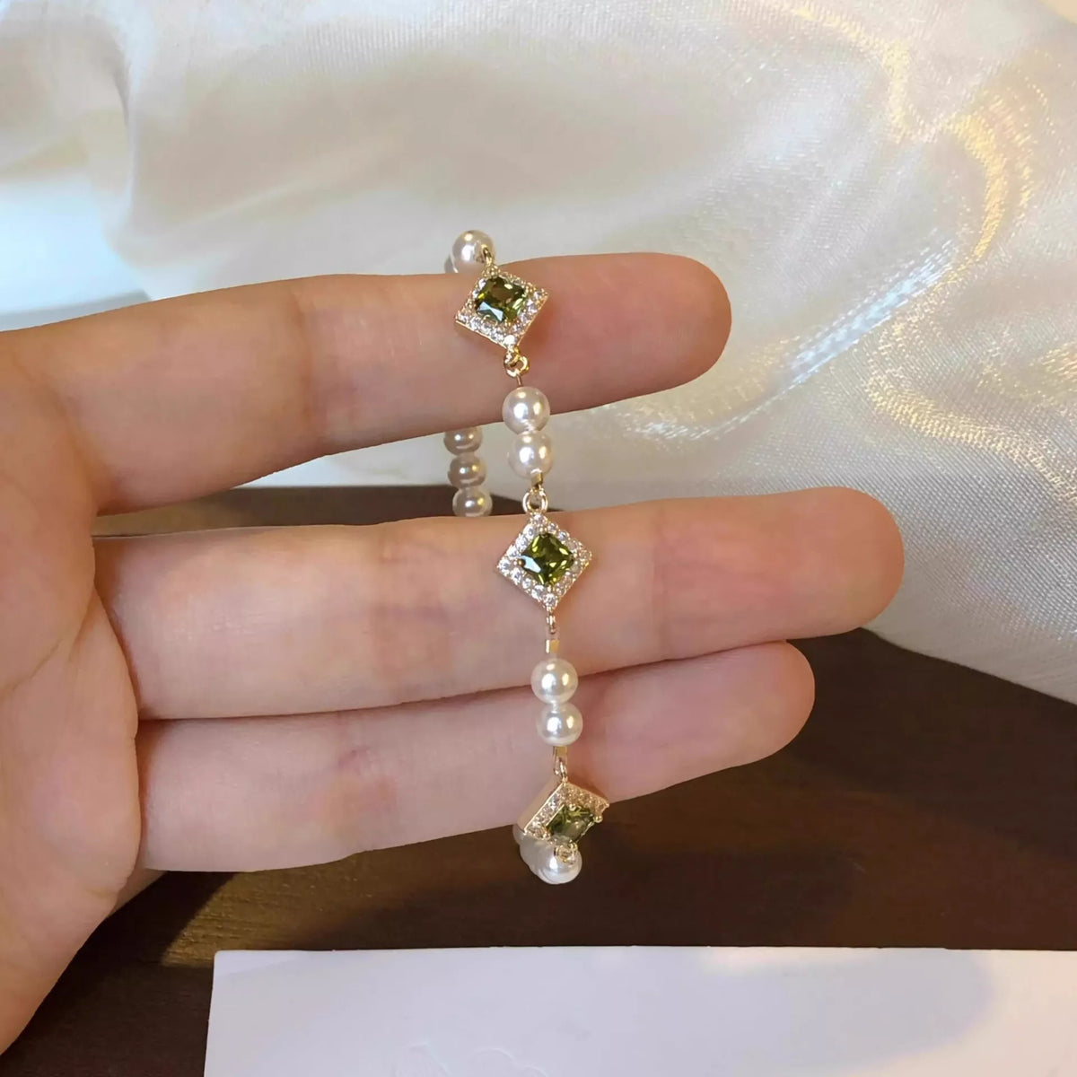 Pearl Zircon Chain Geometric Bracelet in Gold, view 2