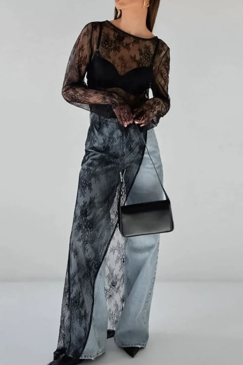 Fringe Round Neck Long Sleeve Lace Sheer Top - Lilixa.store