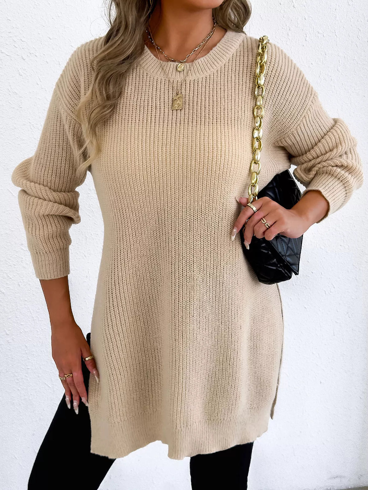 Side-Slit Dropped Shoulder Sweater - Lilixa.store