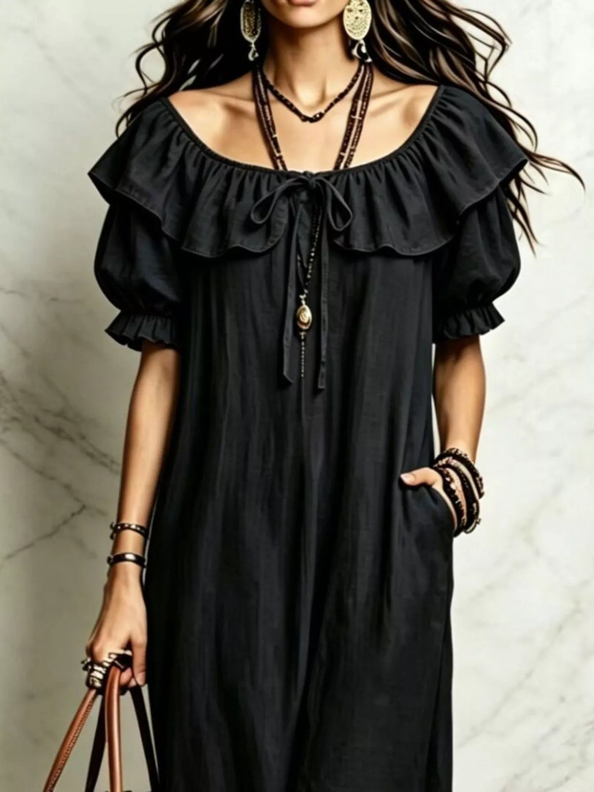 Ruffle Trim Puff Sleeve Maxi Dress - Lilixa.store