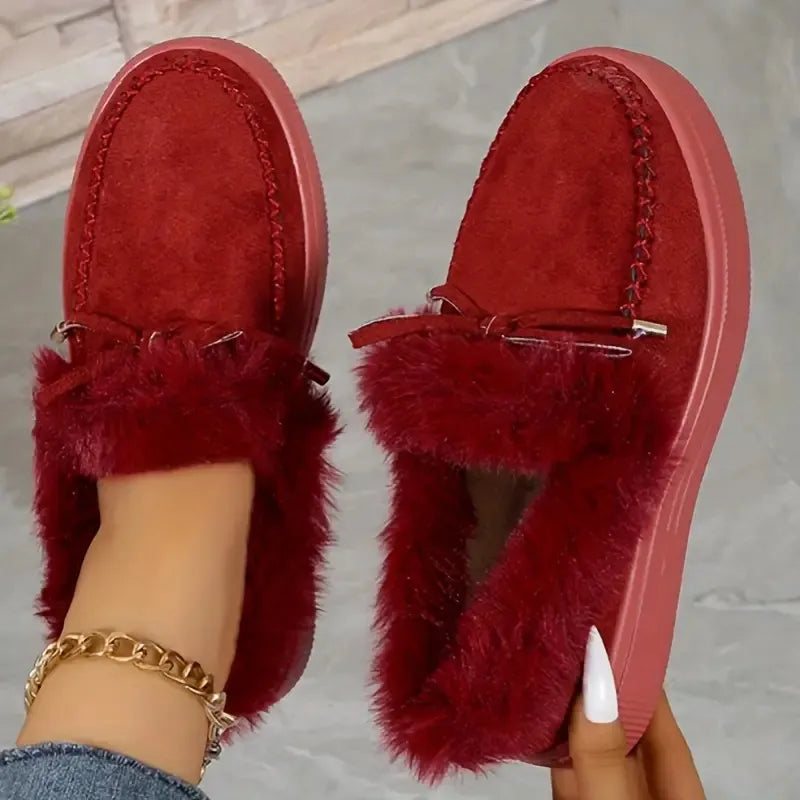 Bow Furry Round Toe Flat Slip-Ons in Burgundy