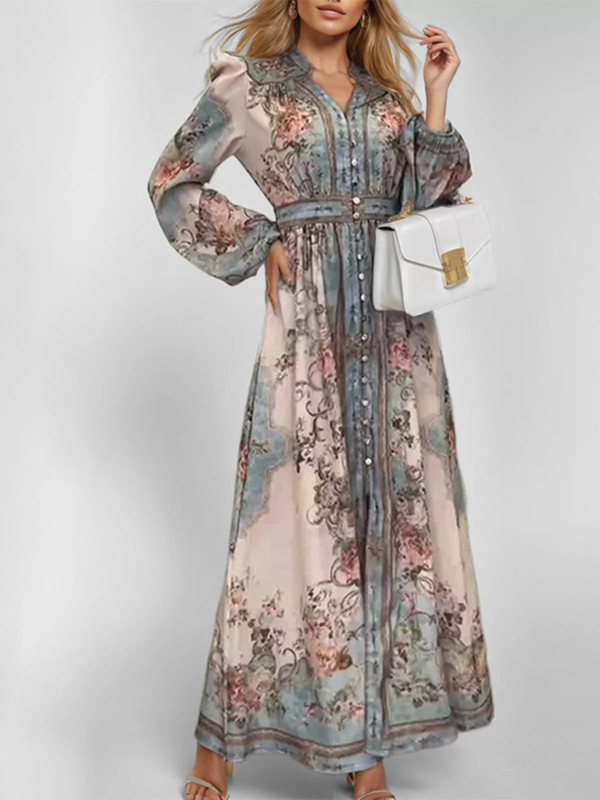 Full Size Floral Print Maxi Dress with Puff Sleeves Plus Size - Lilixa.store