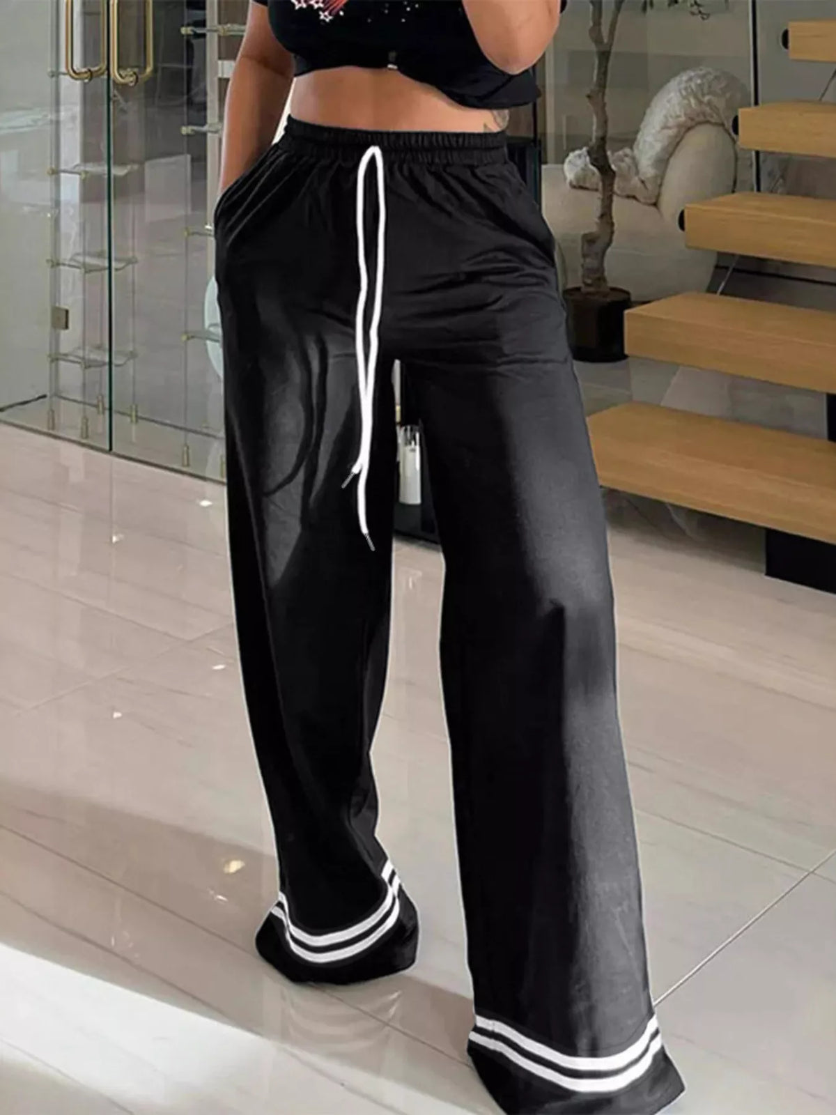 Wide-Leg Drawstring Pants with Striped Hem - Lilixa.store