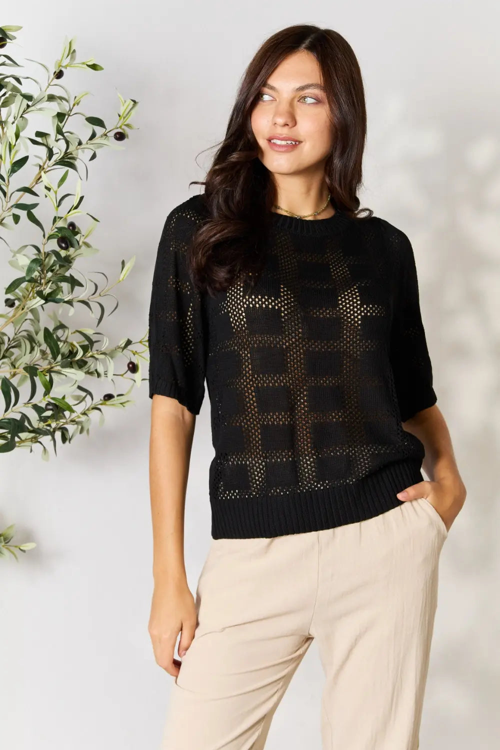 Mandy Ribbed Trim Round Neck Knit Top - Lilixa.store