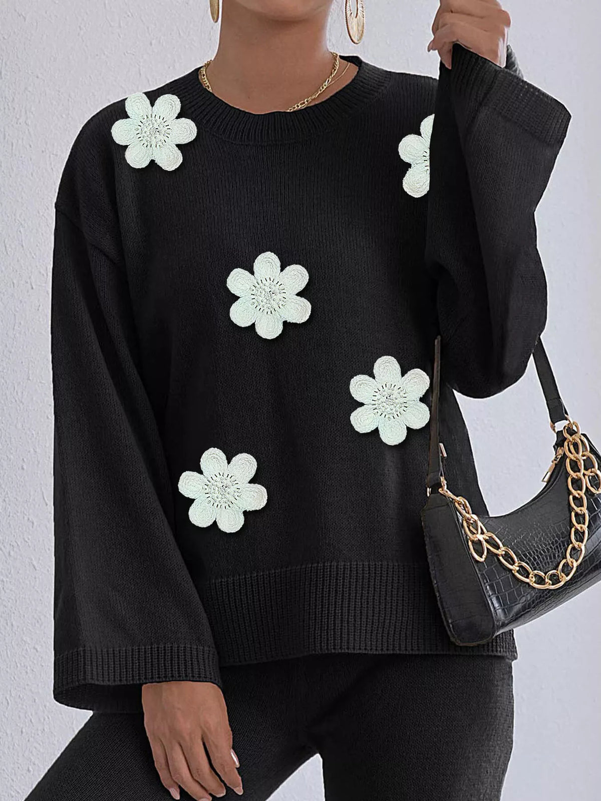 Floral Applique Crew Neck Sweater - Lilixa.store
