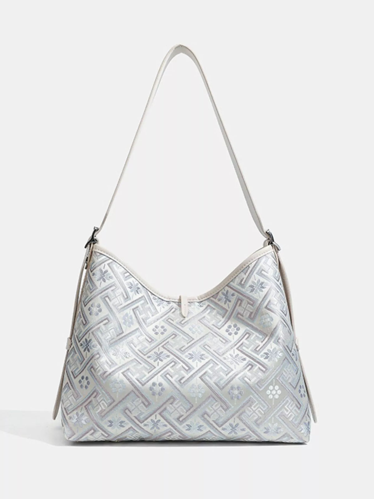 Geometric Pattern Jacquard Shoulder Bag with Adjustable Strap in Light Blue, view 2