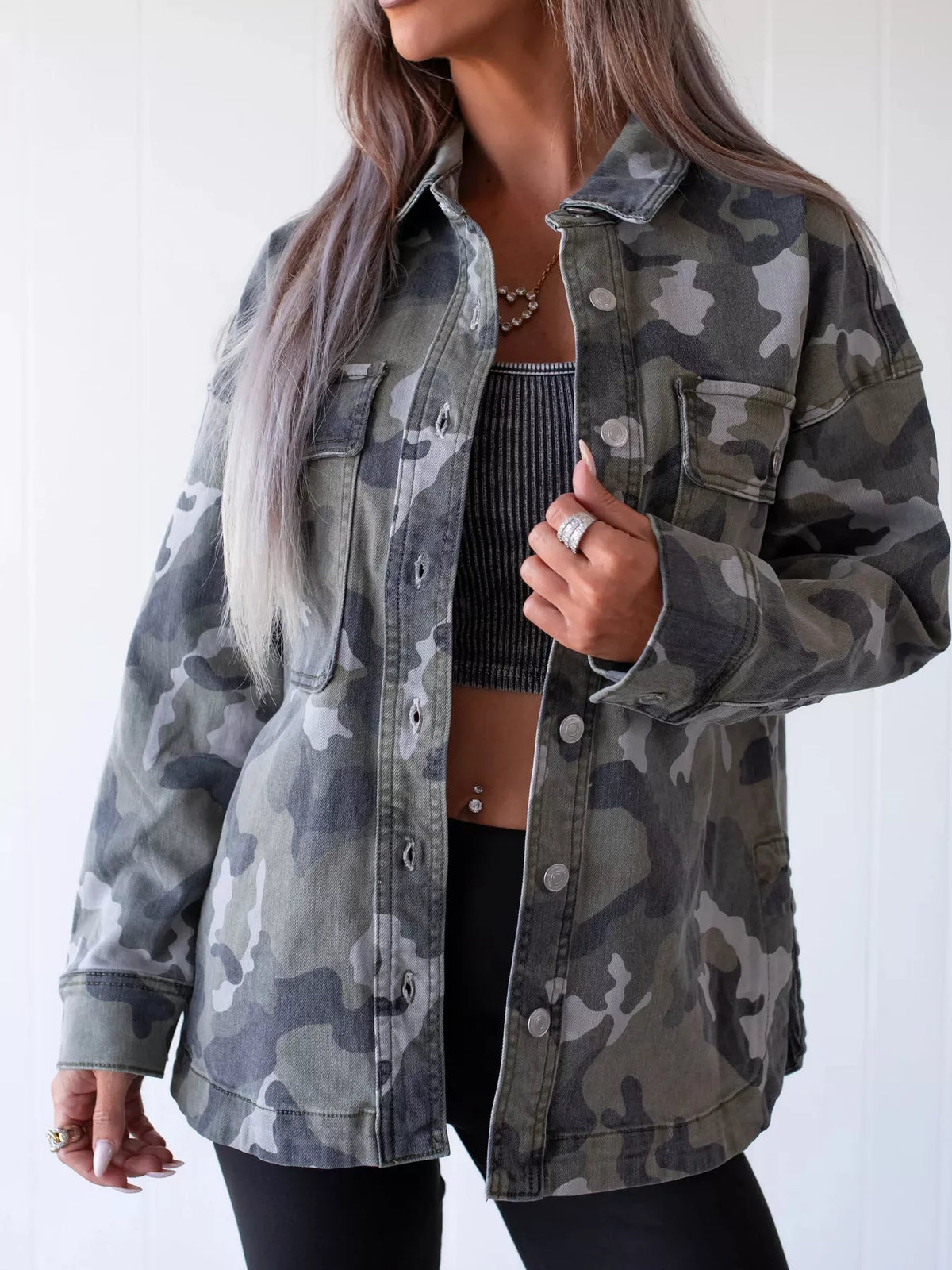Oversized Camouflage Print Button Up Denim Jacket