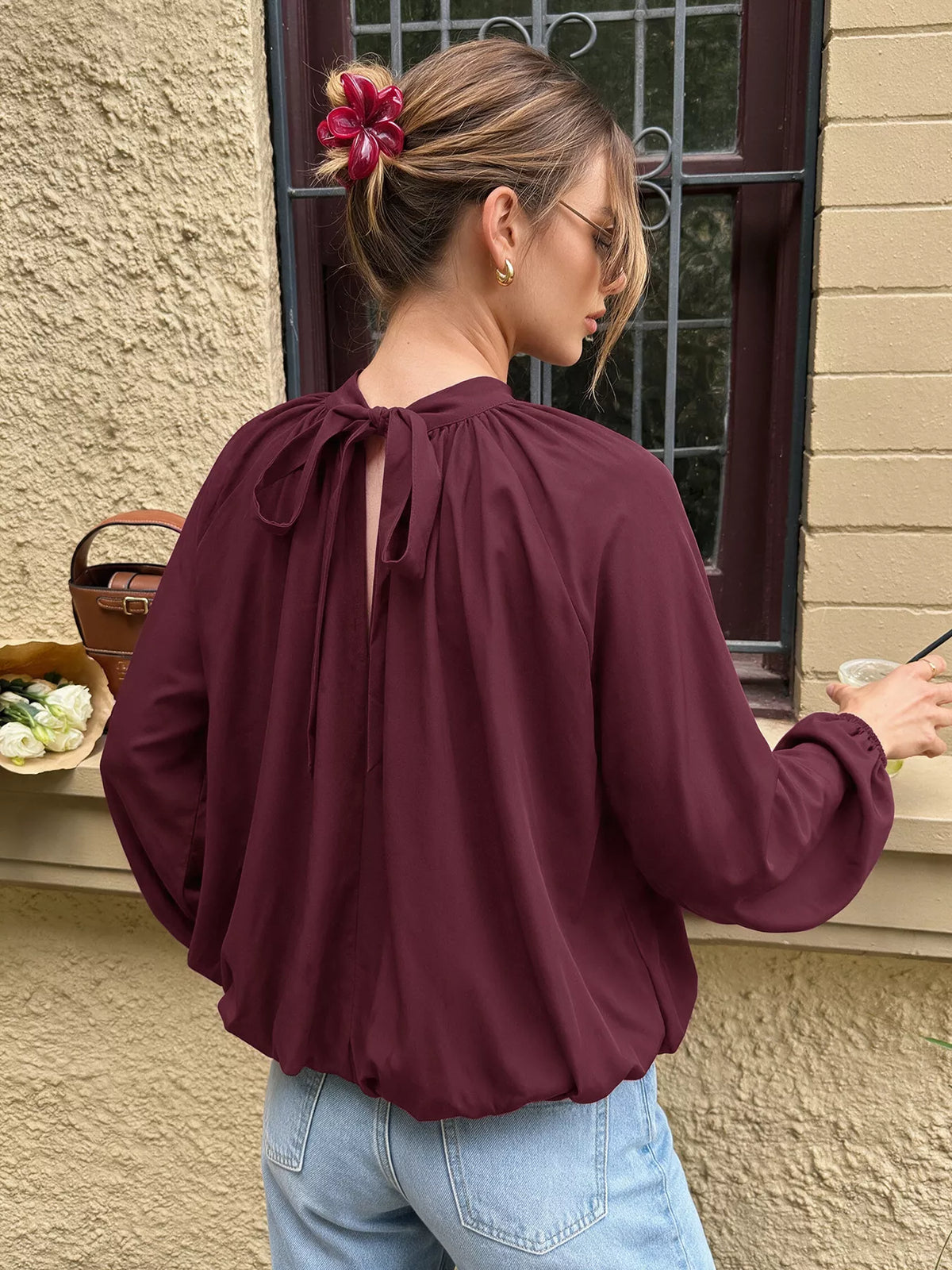 Tie Back Balloon Sleeve Blouse in Fuchsia Pink, view 7