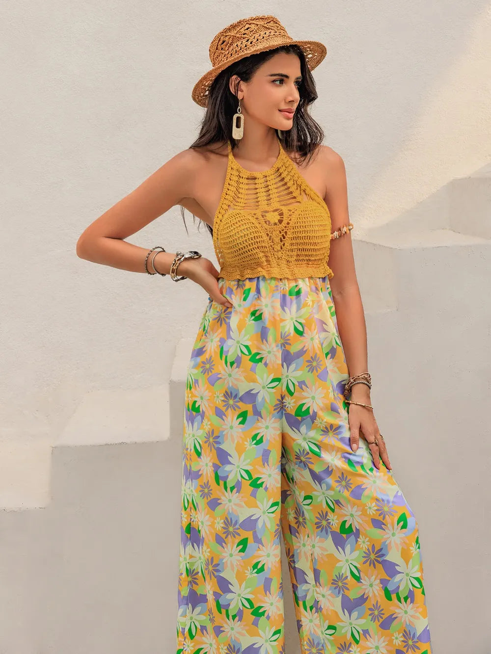 Openwork Halter Neck Floral Wide Leg Jumpsuit in Gold, view 3