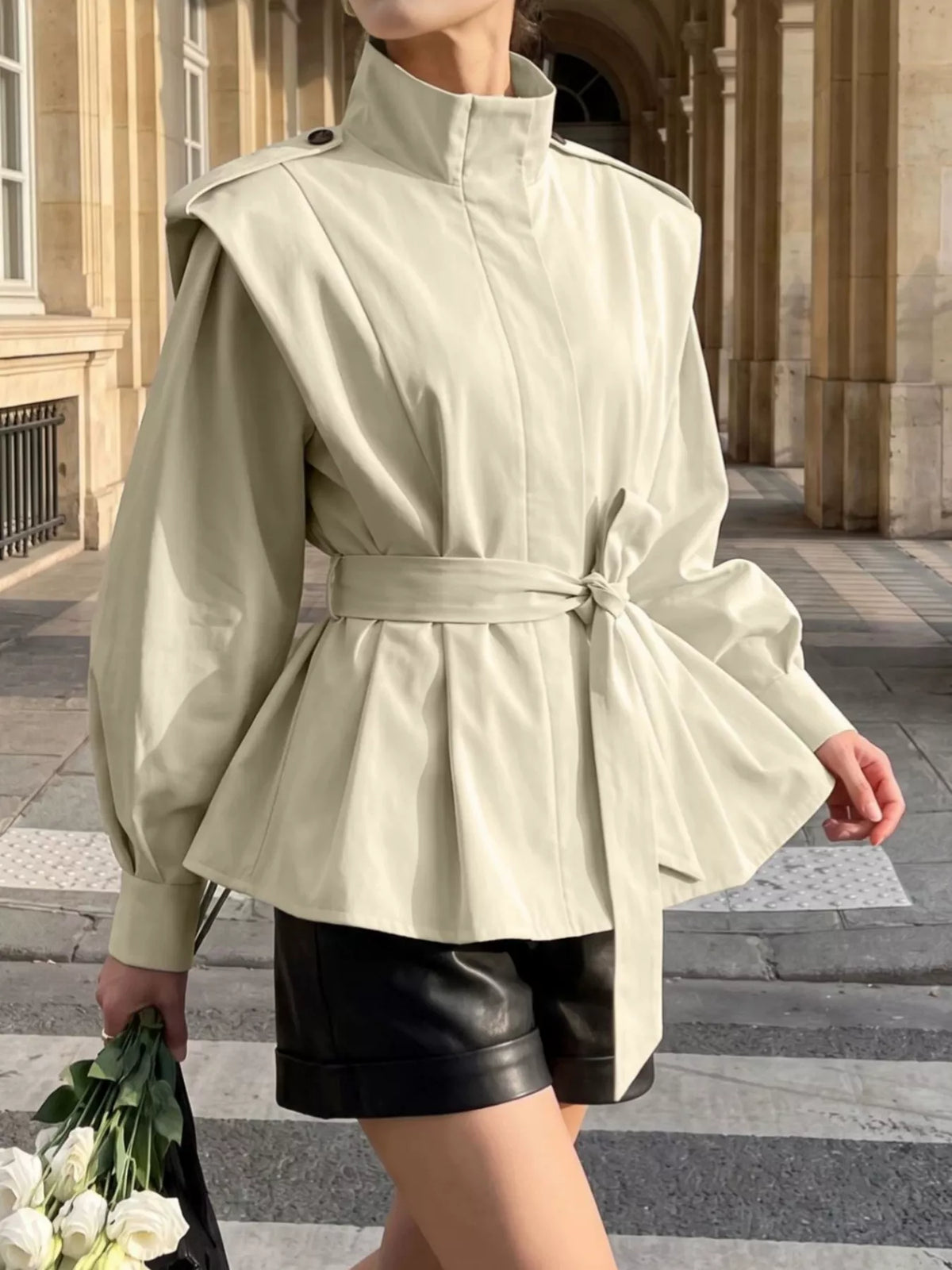 Stand-Collar Belted Outerwear - Lilixa.store