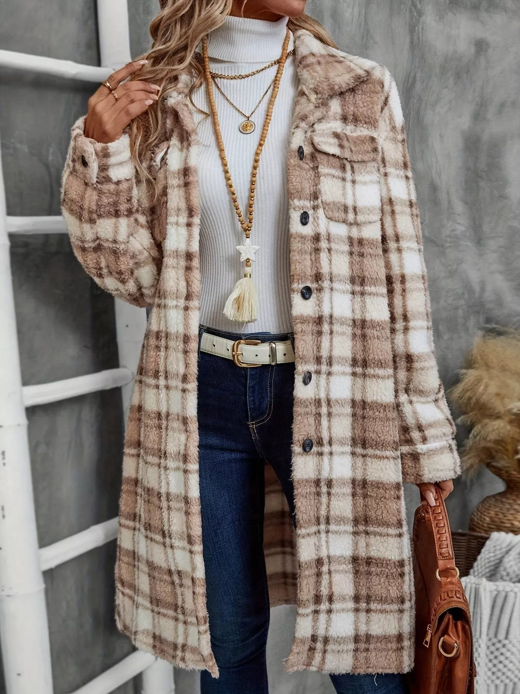 Plaid Fleece Button Up Longline Outerwear - Lilixa.store