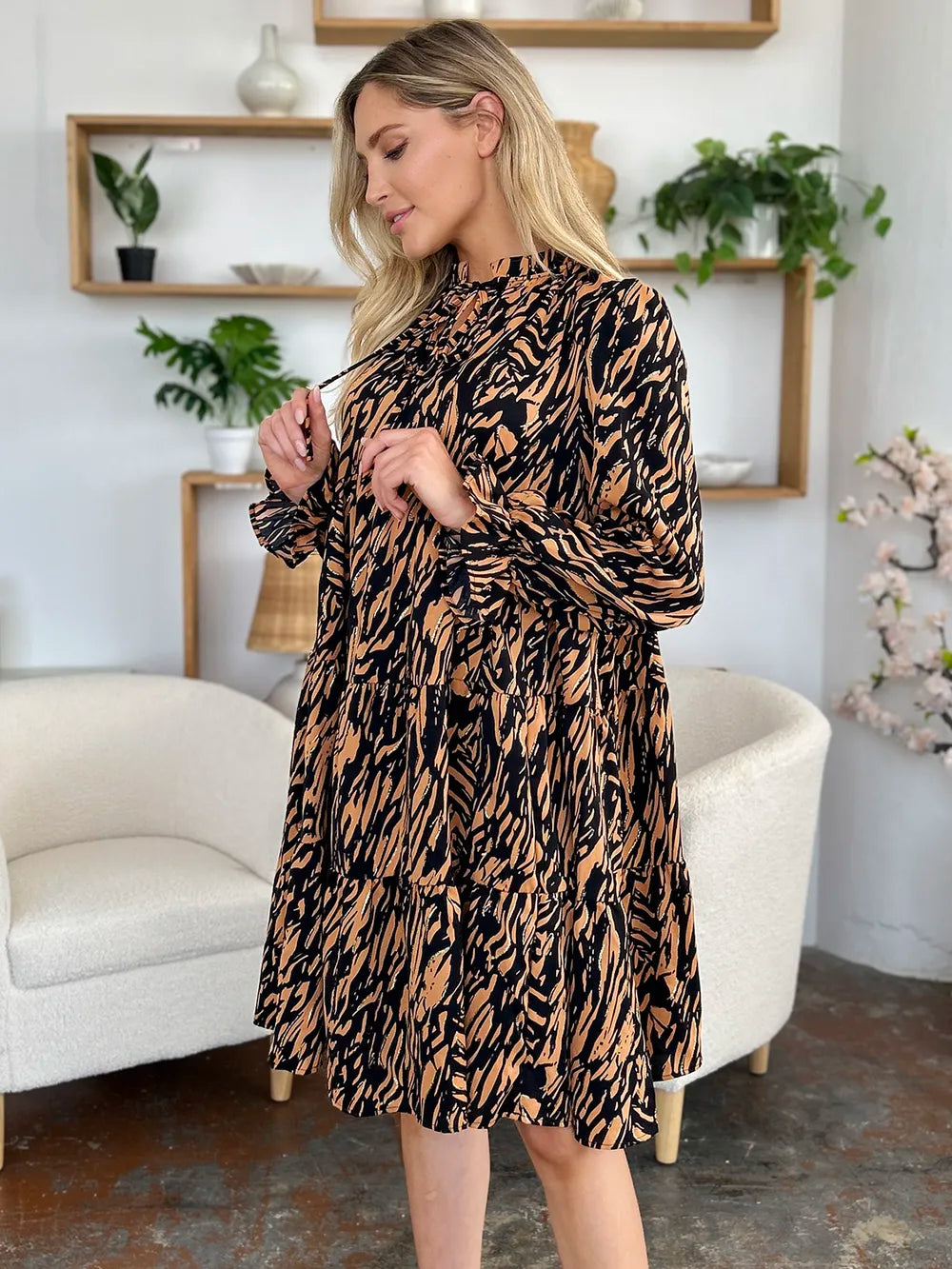 Double Take Full Size Printed Ruffle Hem Long Sleeve Dress Plus Size - Lilixa.store