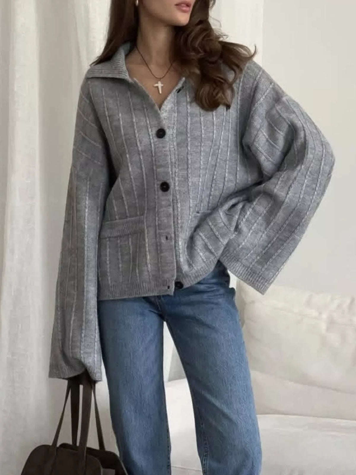 Texture Knit Cardigan with Wide Sleeves and Collar, view 4