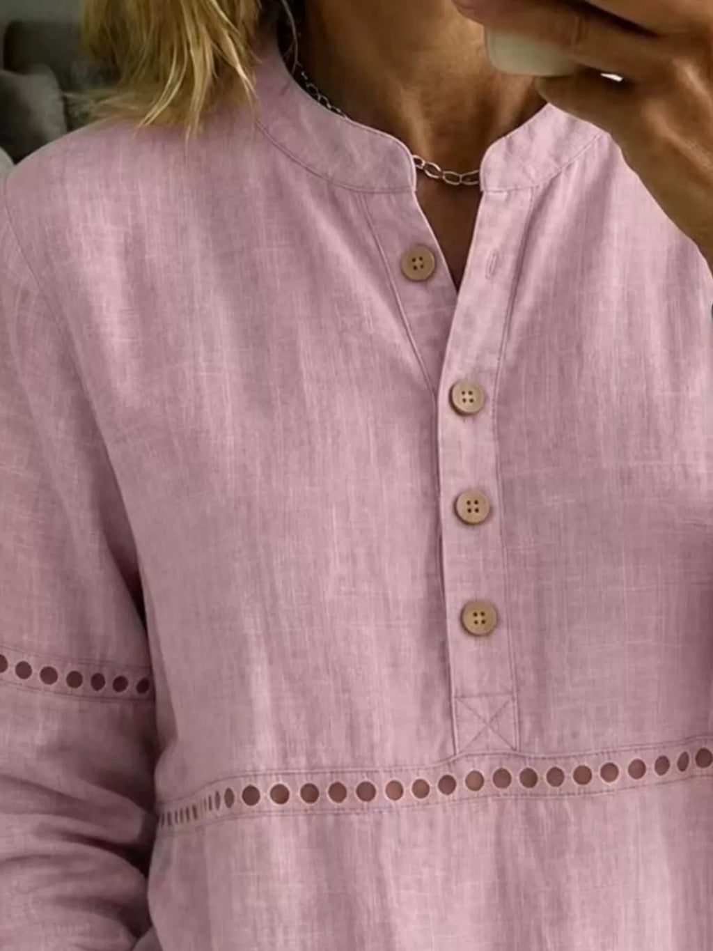 Full Size Button Detail Eyelet Long Sleeve Blouse Plus Size - Lilixa.store