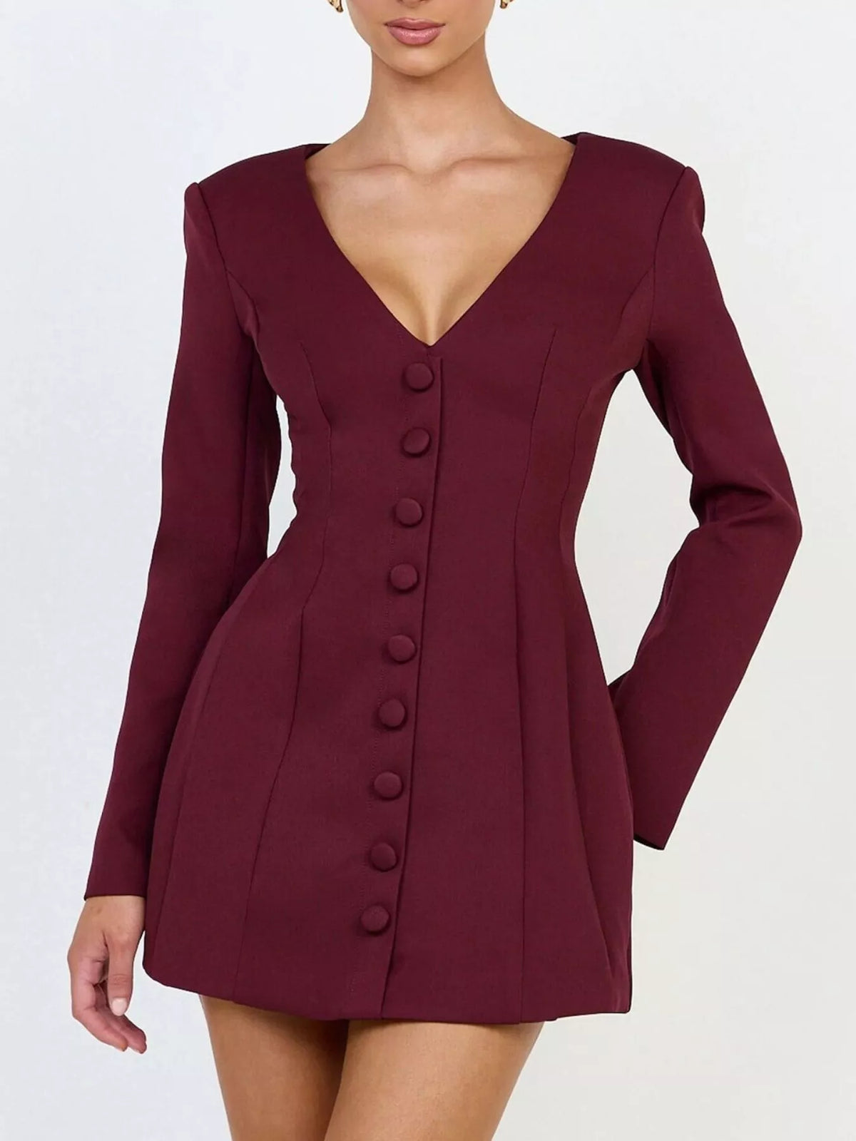 Deep V-Neck Button-Down Blazer Dress in Wine Red