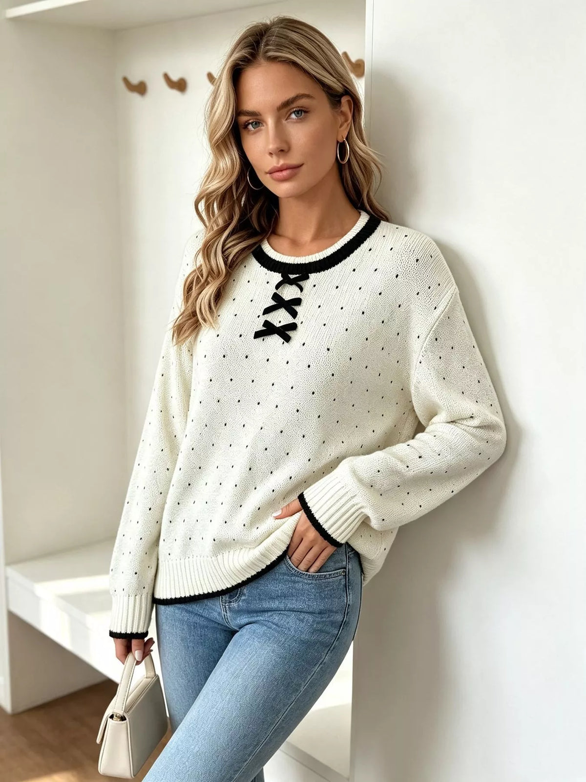 Polka Dot Lace-Up Detail Sweater, view 4