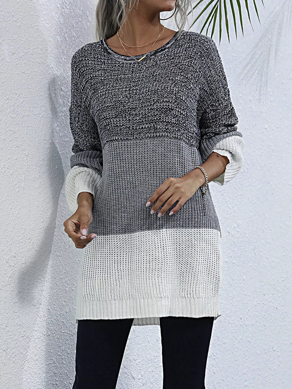 Color Block Round Neck Oversized Sweater - Lilixa.store
