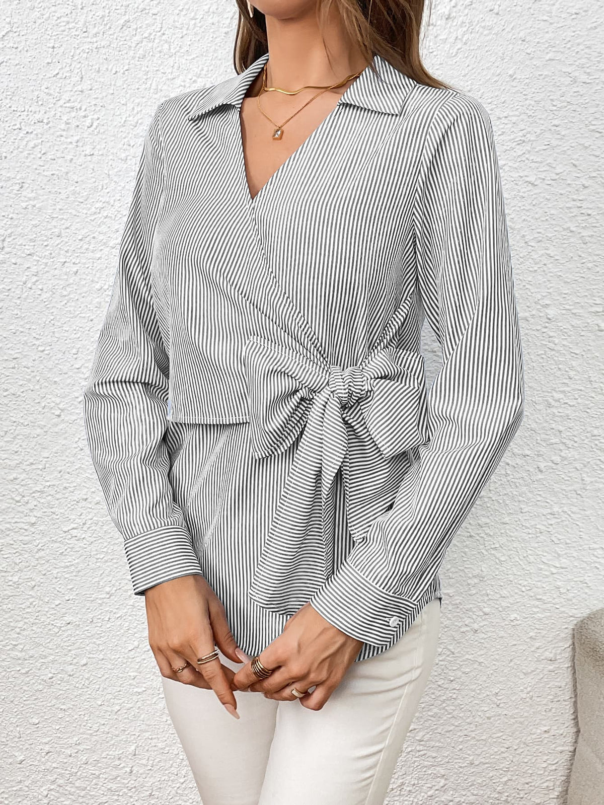 Ivy Lane Bow Tie Waist Johnny Collar Neck Striped Blouse, view 9