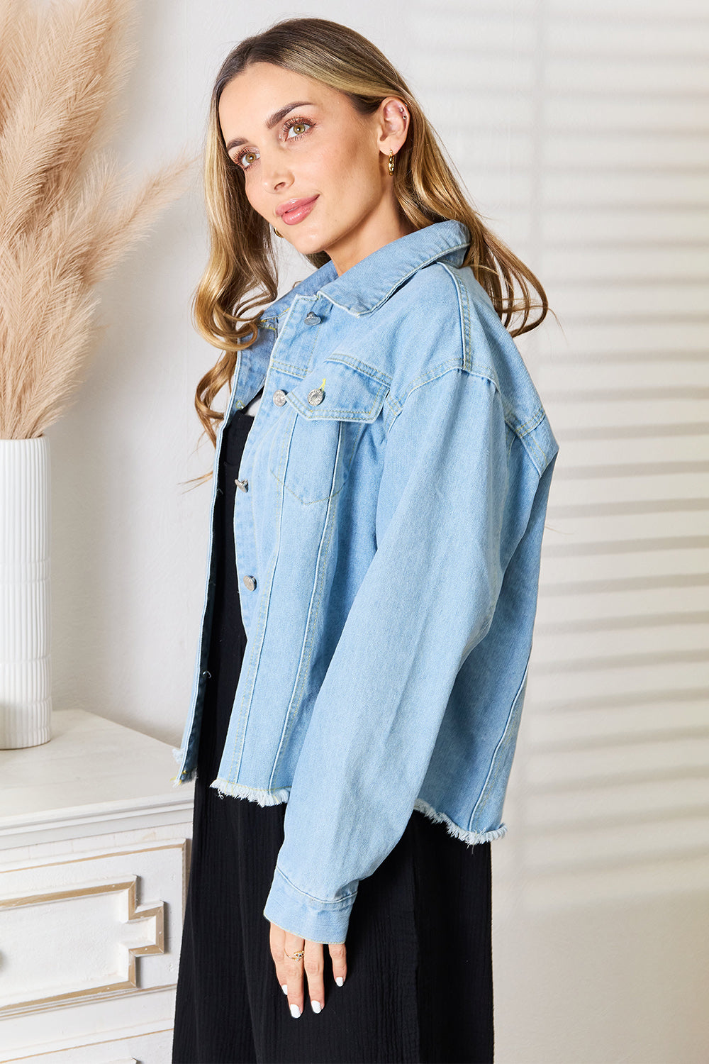 Double Take Dropped Shoulder Raw Hem Denim Jacket - Lilixa.store