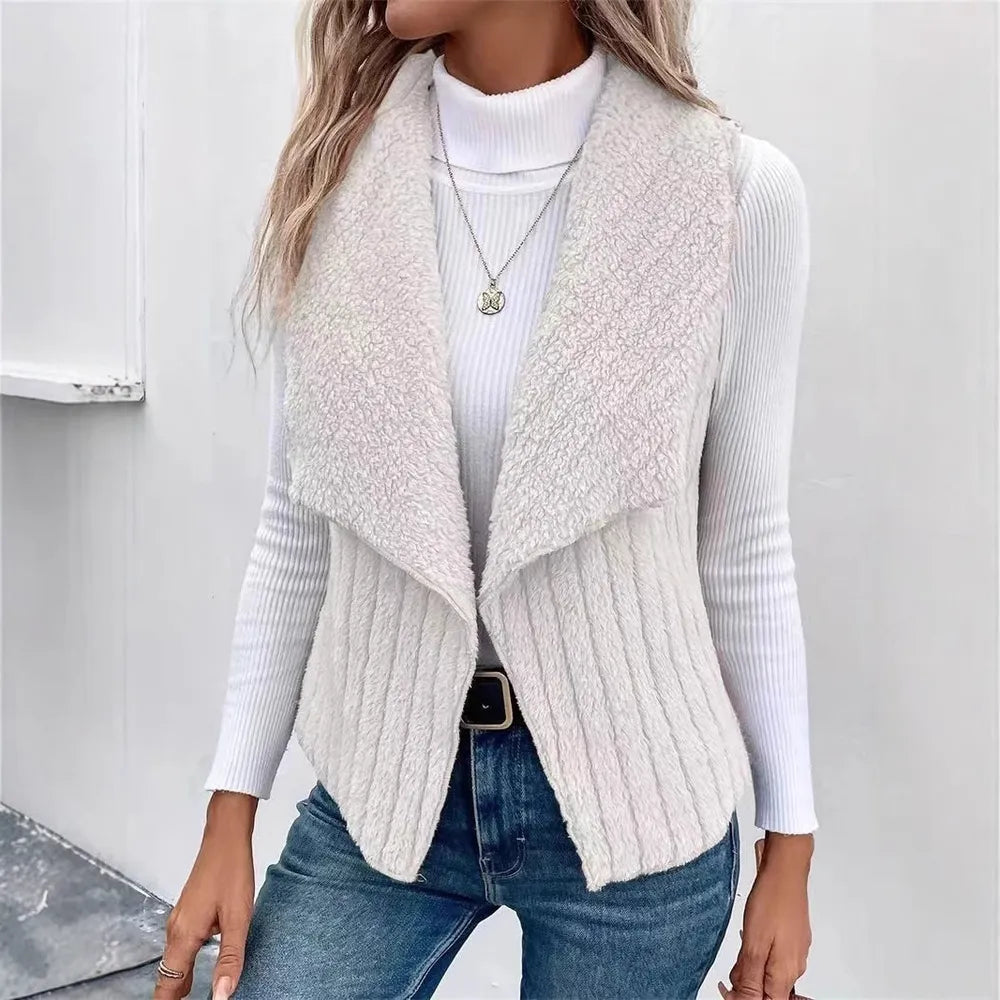 Open Front Fuzzy Vest Coat in White