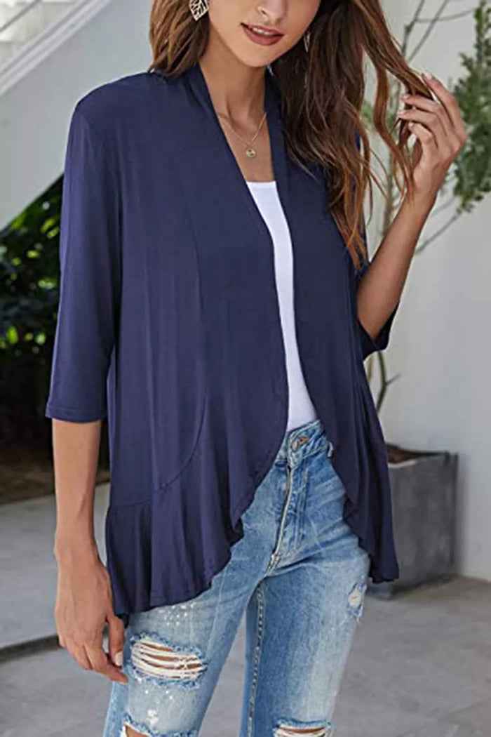 Open Front Three-Quarter Sleeve Cardigan in Dusty Blue