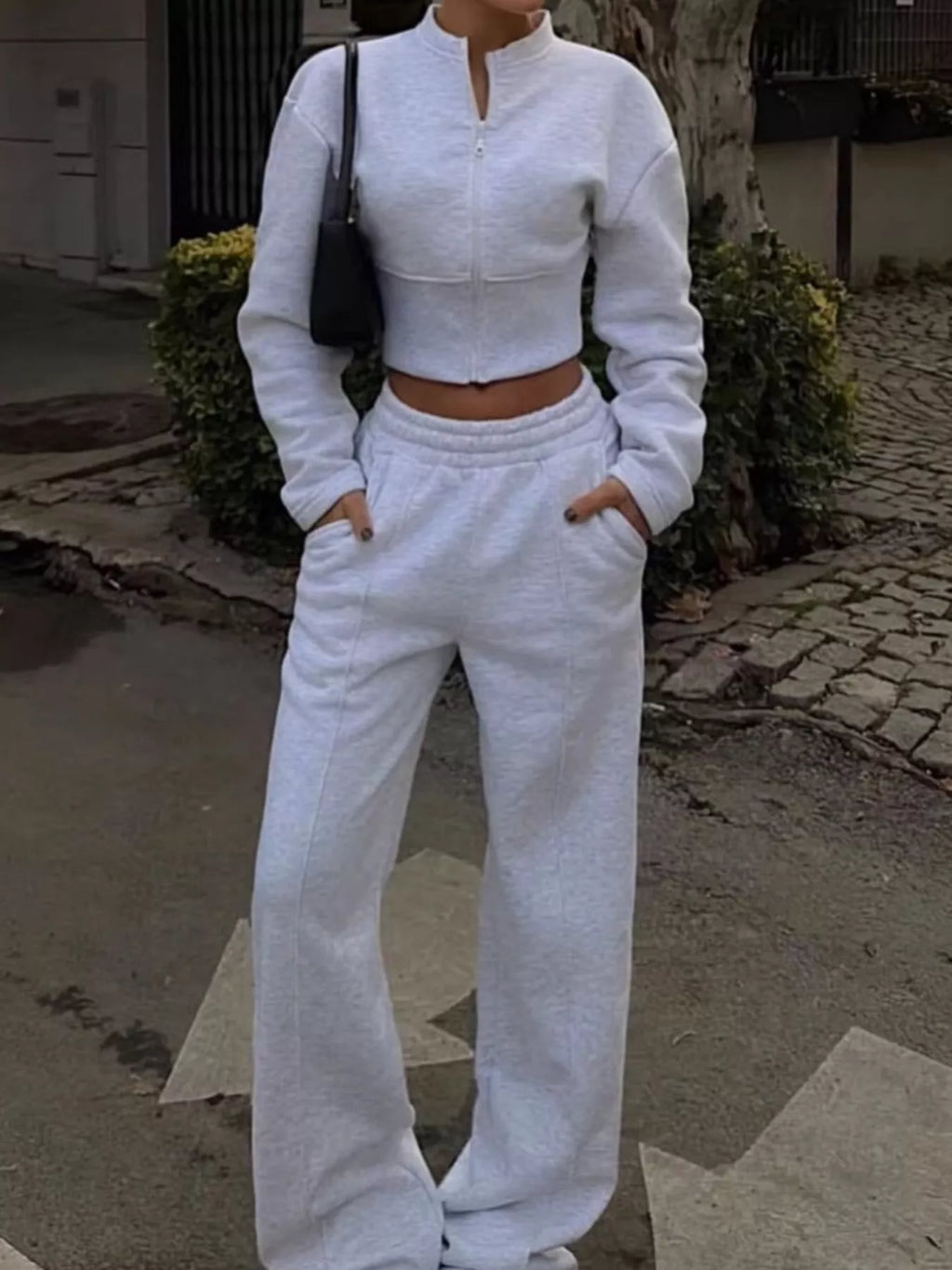 Zip-Up Crop Jacket and Wide-Leg Pants Set - Lilixa.store