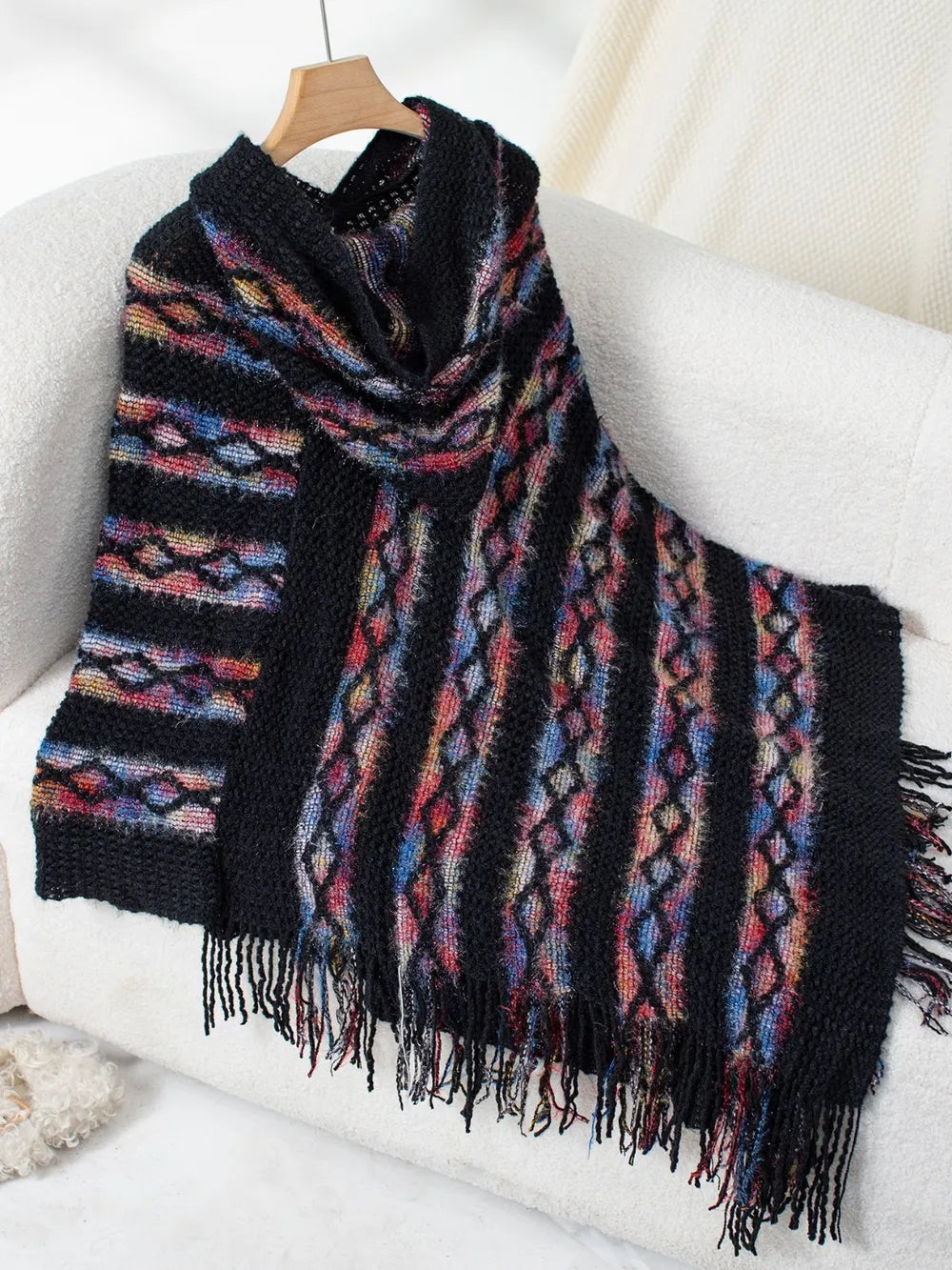 Fringe Contrast Hooded Poncho in Black