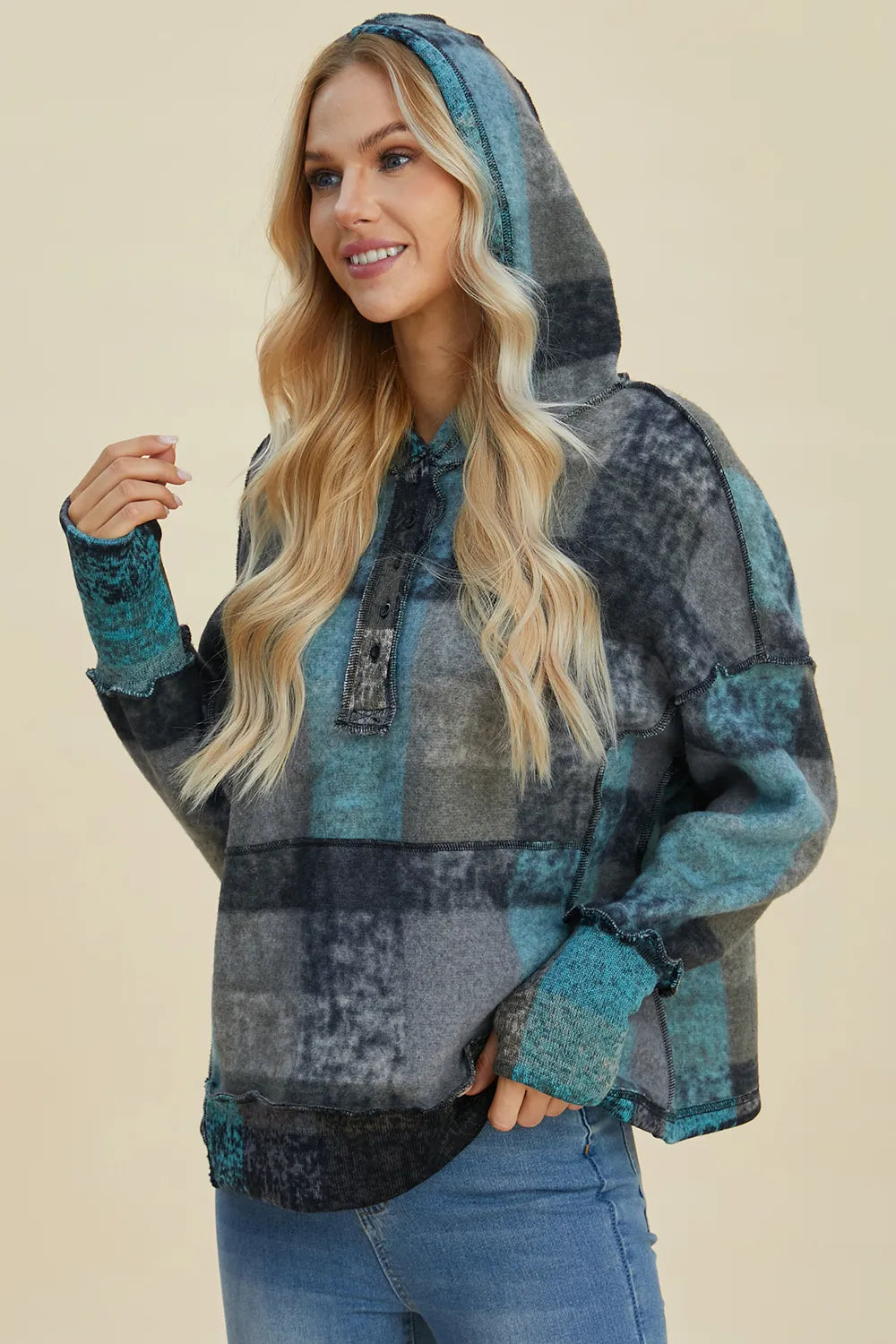 Double Take Full Size Plaid Dropped Shoulder Fleece Hoodie Plus Size - Lilixa.store