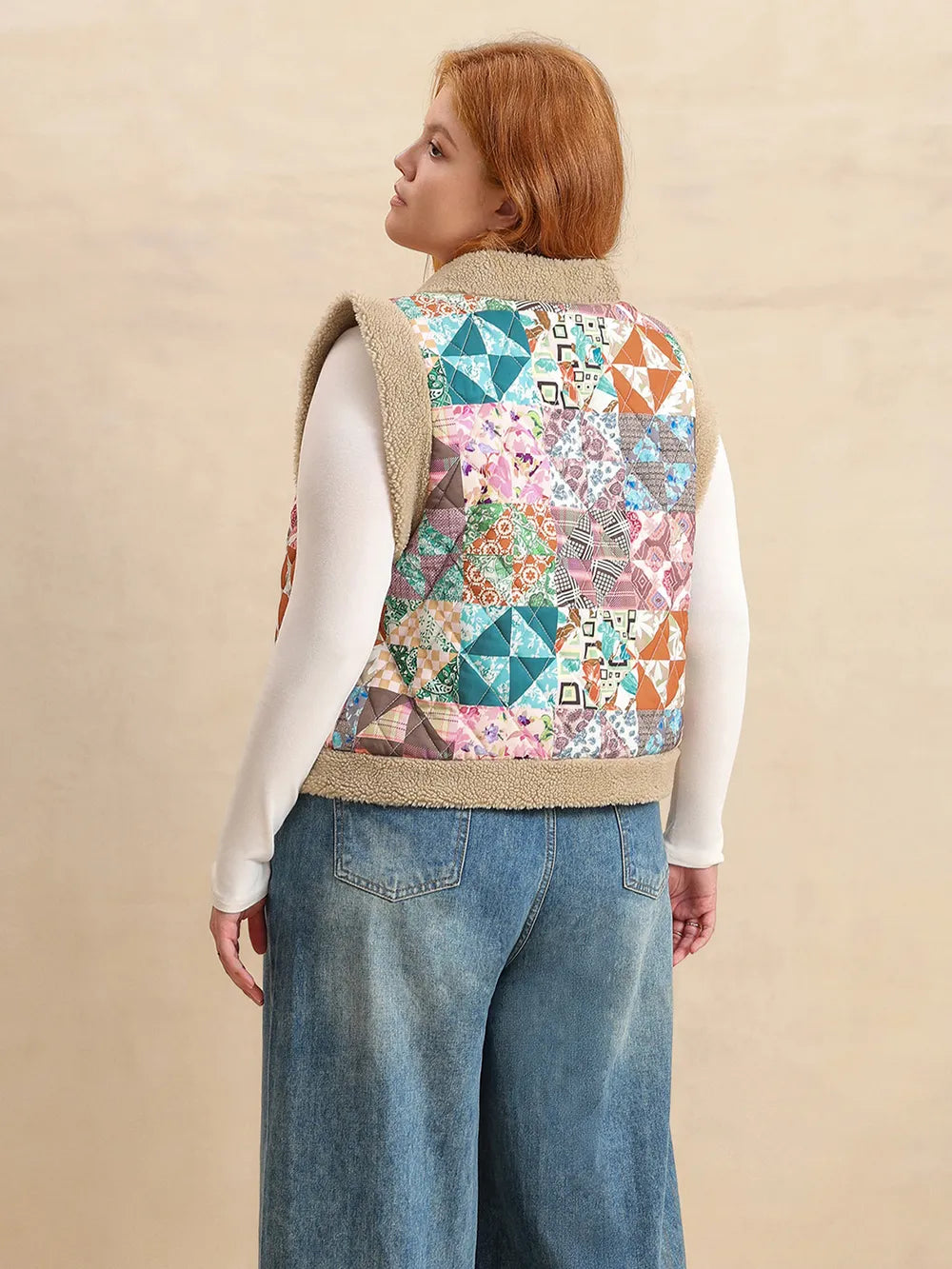 Plus Size Printed Sherpa Vest Coat in Multicolor, view 6