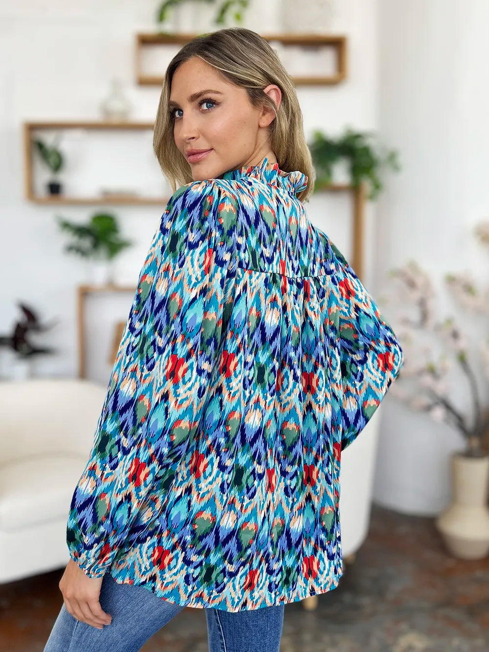 Double Take Full Size Printed Balloon Sleeve Blouse - Lilixa.store