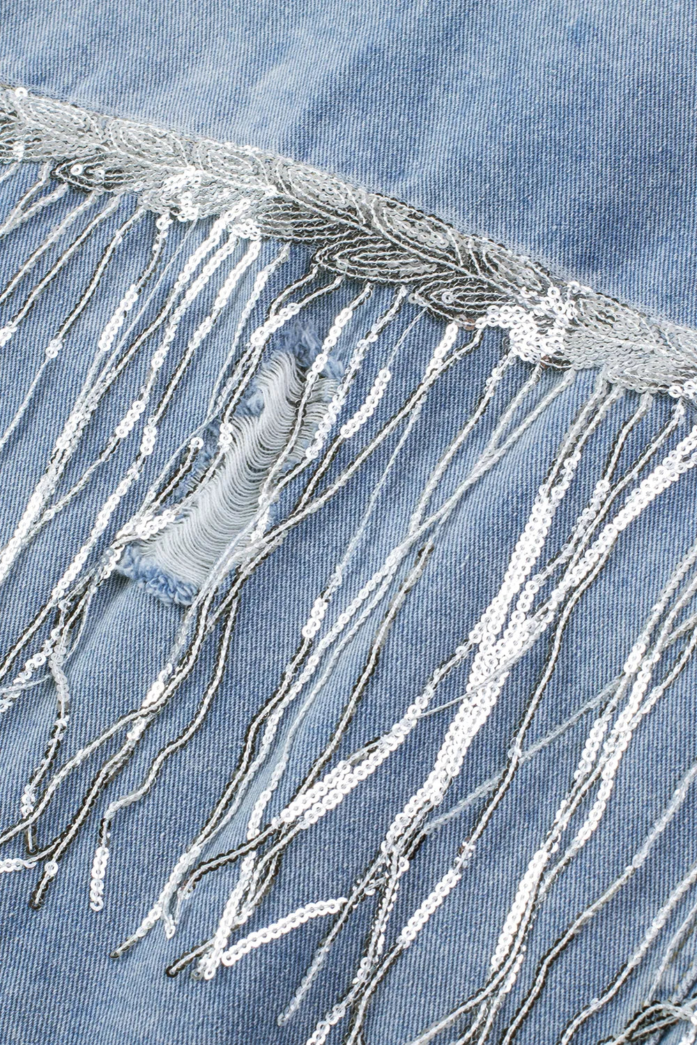 Sequin Fringe Trim Distressed Button Up Denim Jacket, view 11