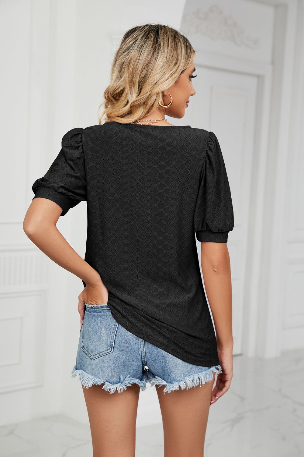 Eyelet Puff Sleeve Round Neck Top, view 6