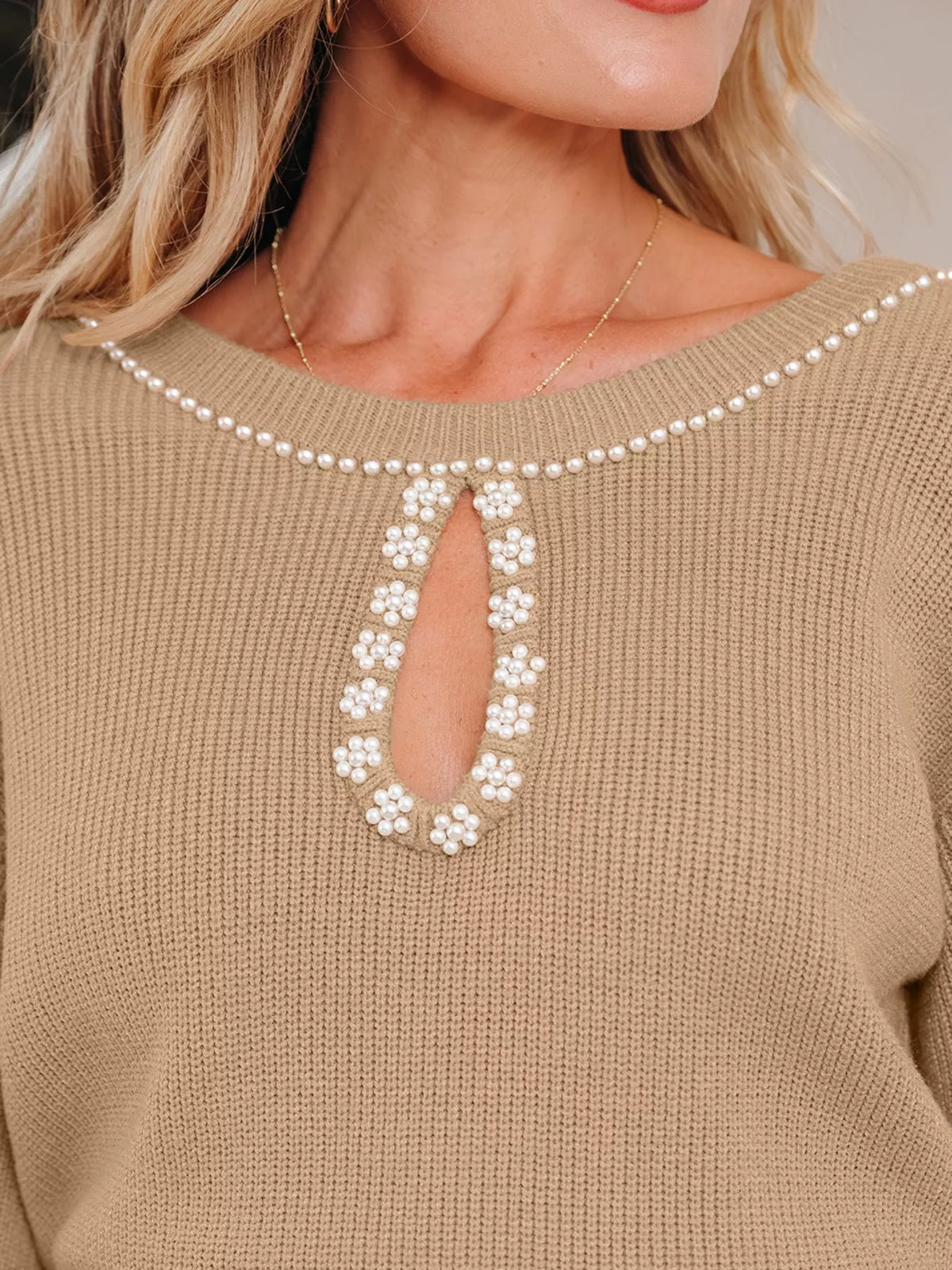 Pearl Embellished Keyhole Ribbed Sweater Dress in Camel, view 6
