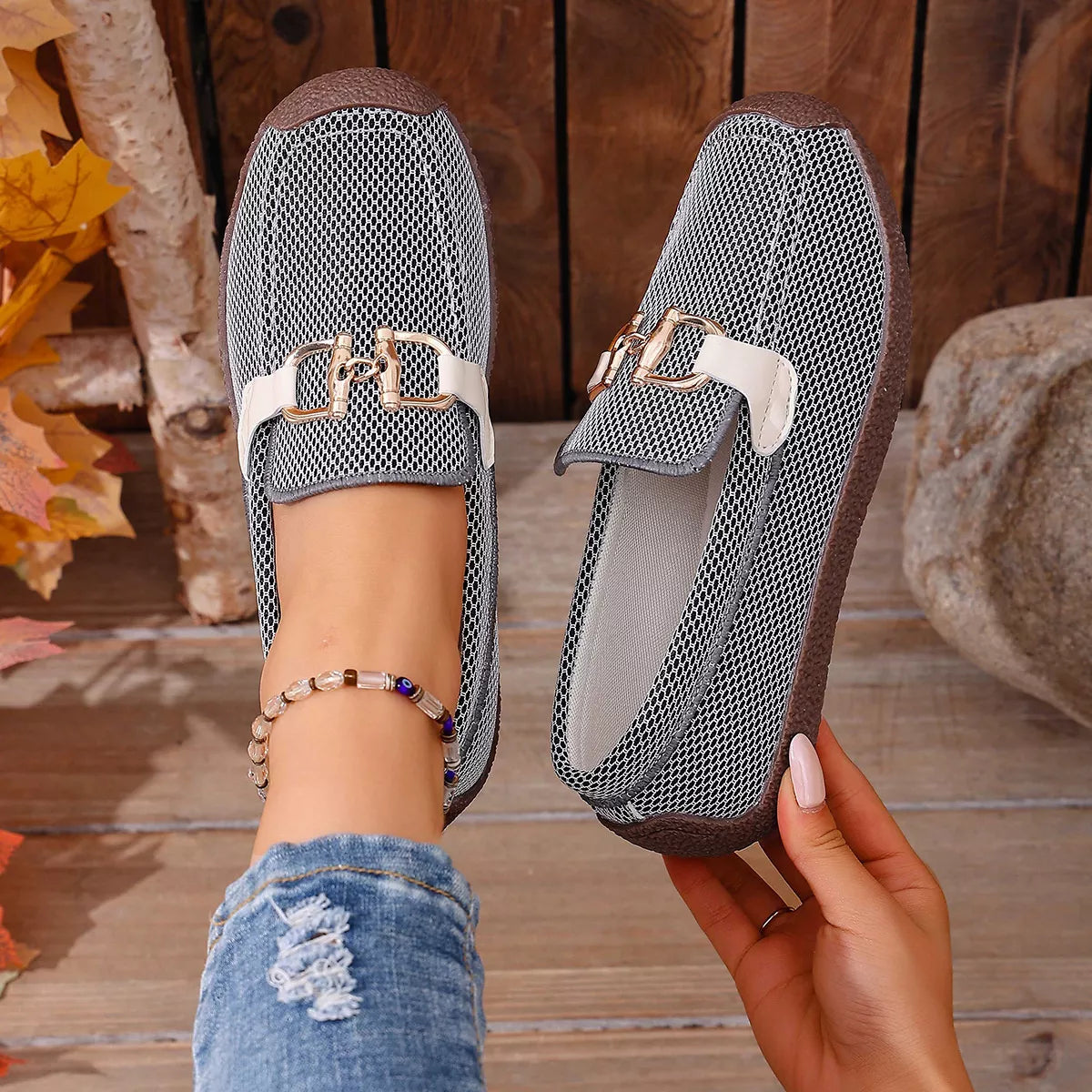 Round Toe Flat Slip-Ons in Black Gray