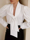 Tie Front Puff Sleeve Shirt - Lilixa.store