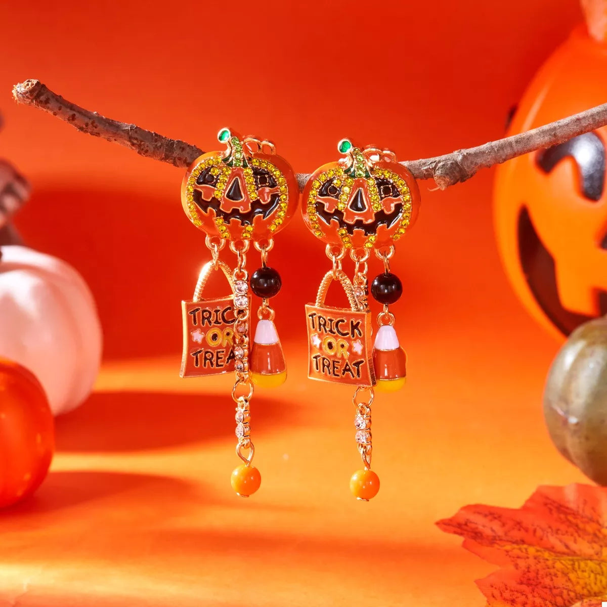 Halloween Rhinestone Pumpkin Drop Earrings - Lilixa.store