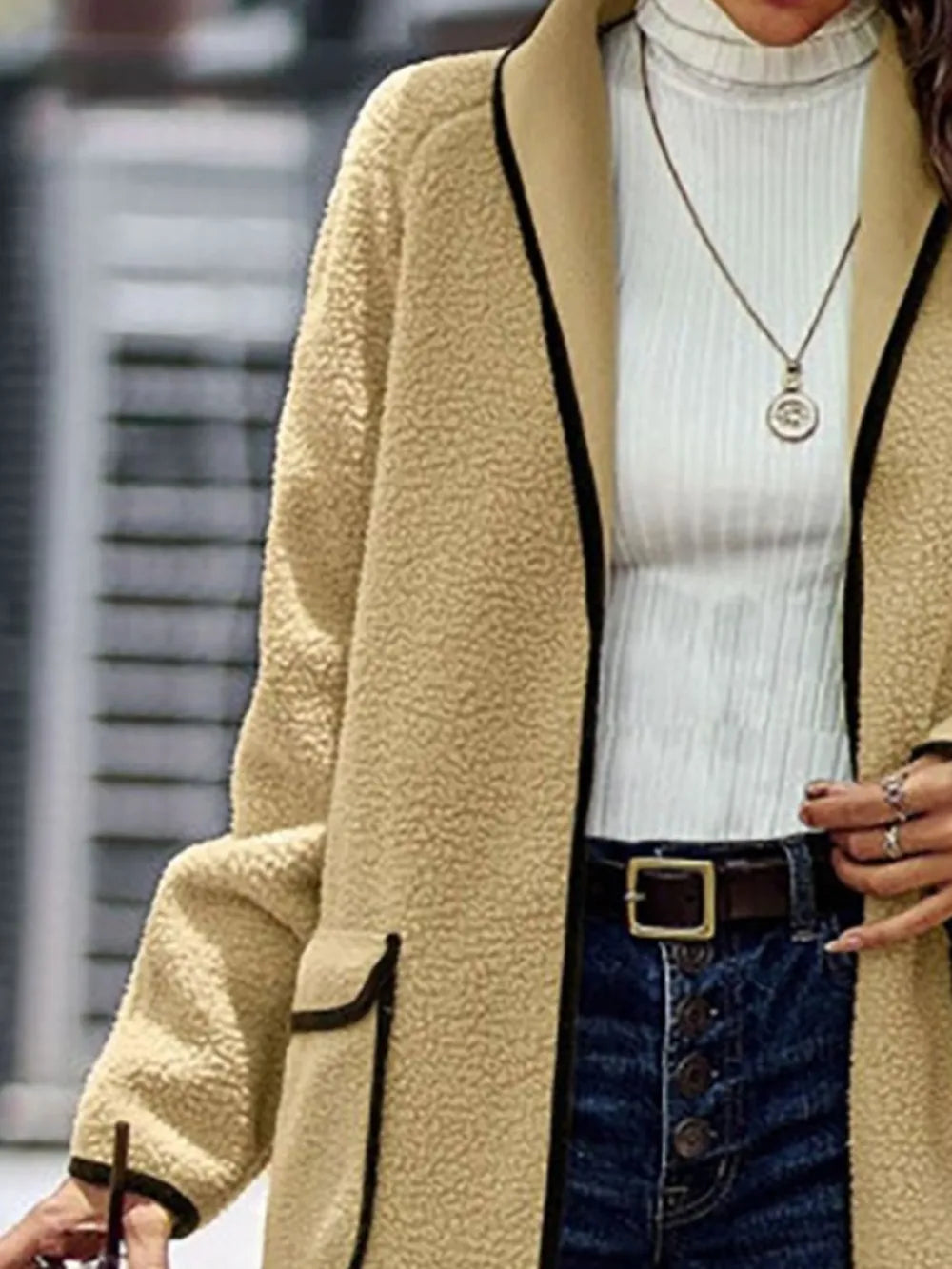 Full Size Contrast Trim Long Sleeve Coat with Pockets, view 2