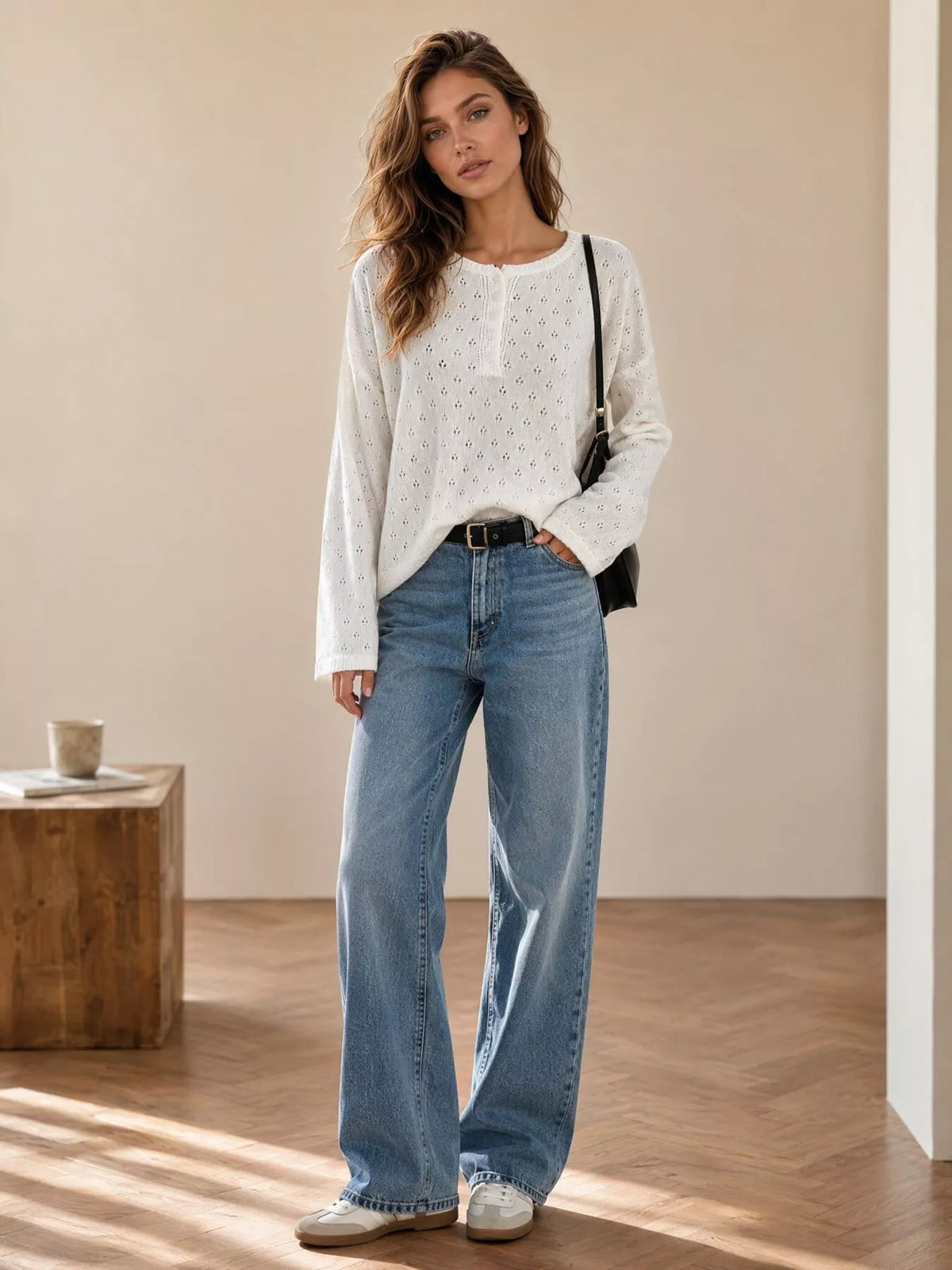 Pointelle Button-Front Round Neck Knit Top, view 4