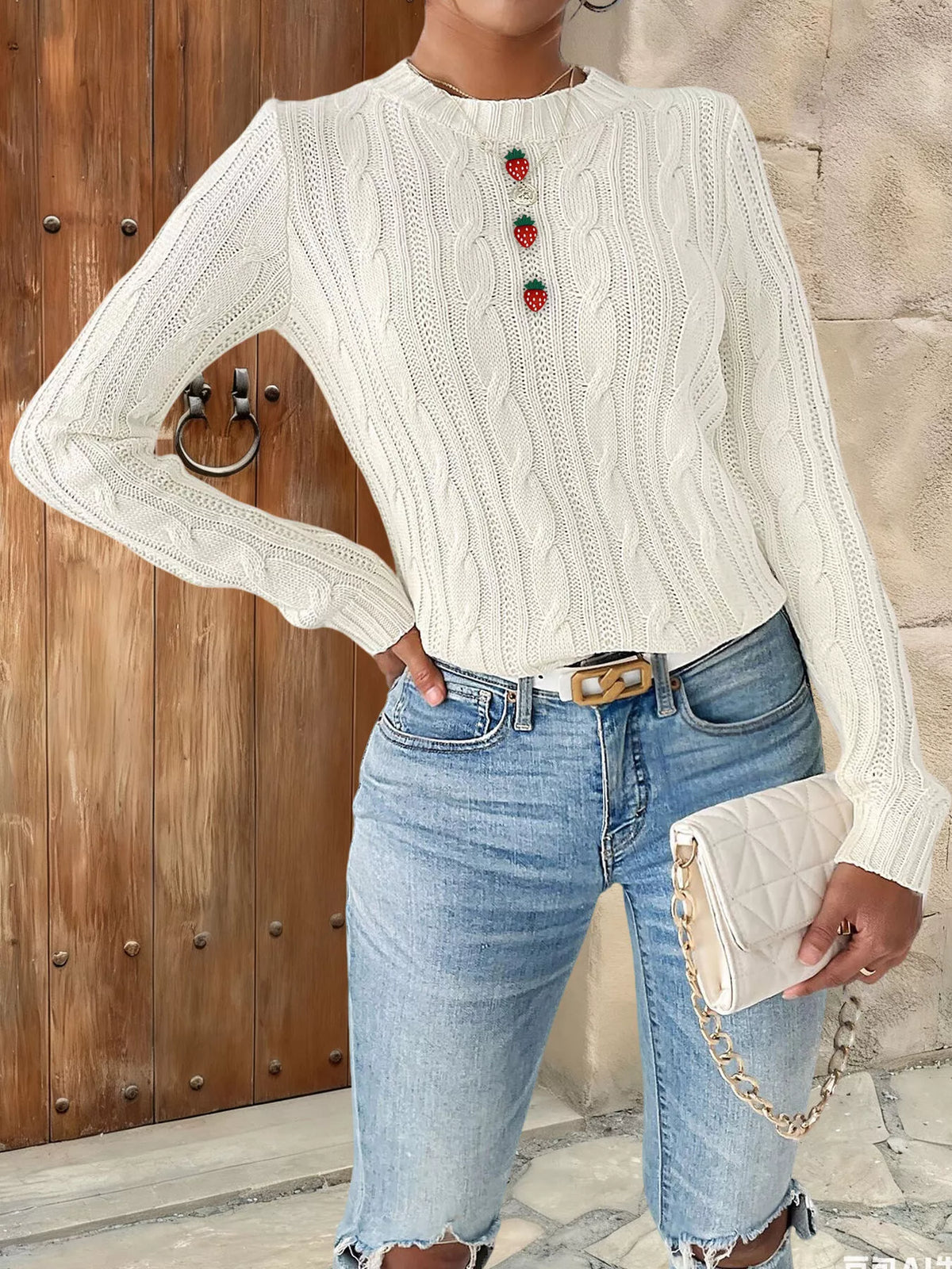 Strawberry Embellished Cable Knit Round Neck Sweater, view 2
